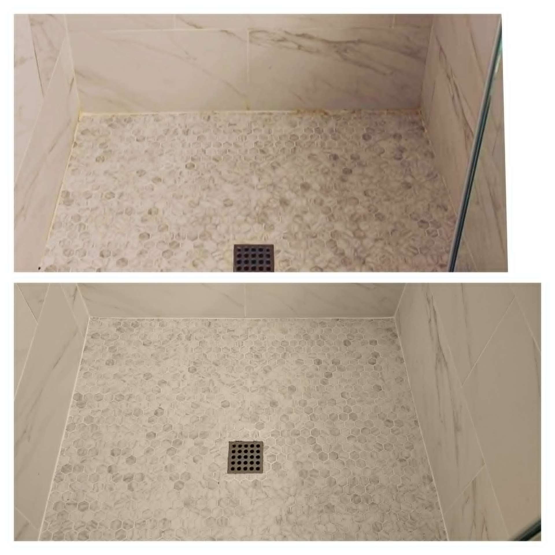 Hexagon marble mosaic shower floor in Gilbert AZ restored with mineral removal, regrouting, and permanent grout color sealing