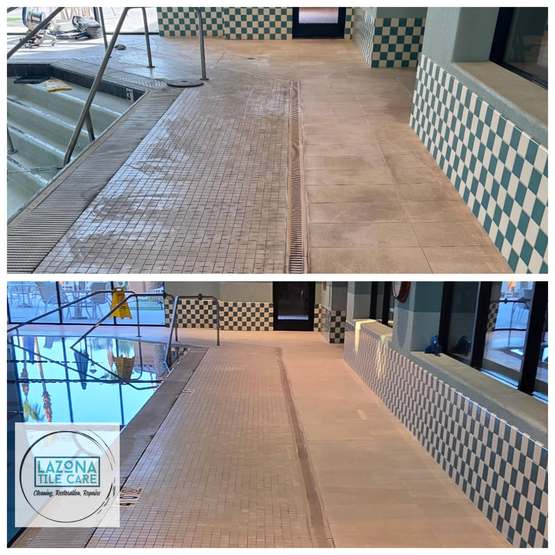 Indoor pool deck tile cleaned and treated for slip resistance by Lazona Tile Care at an Arizona aquatic facility ,  mineral film removed from mosaic and porcelain deck tile to restore traction