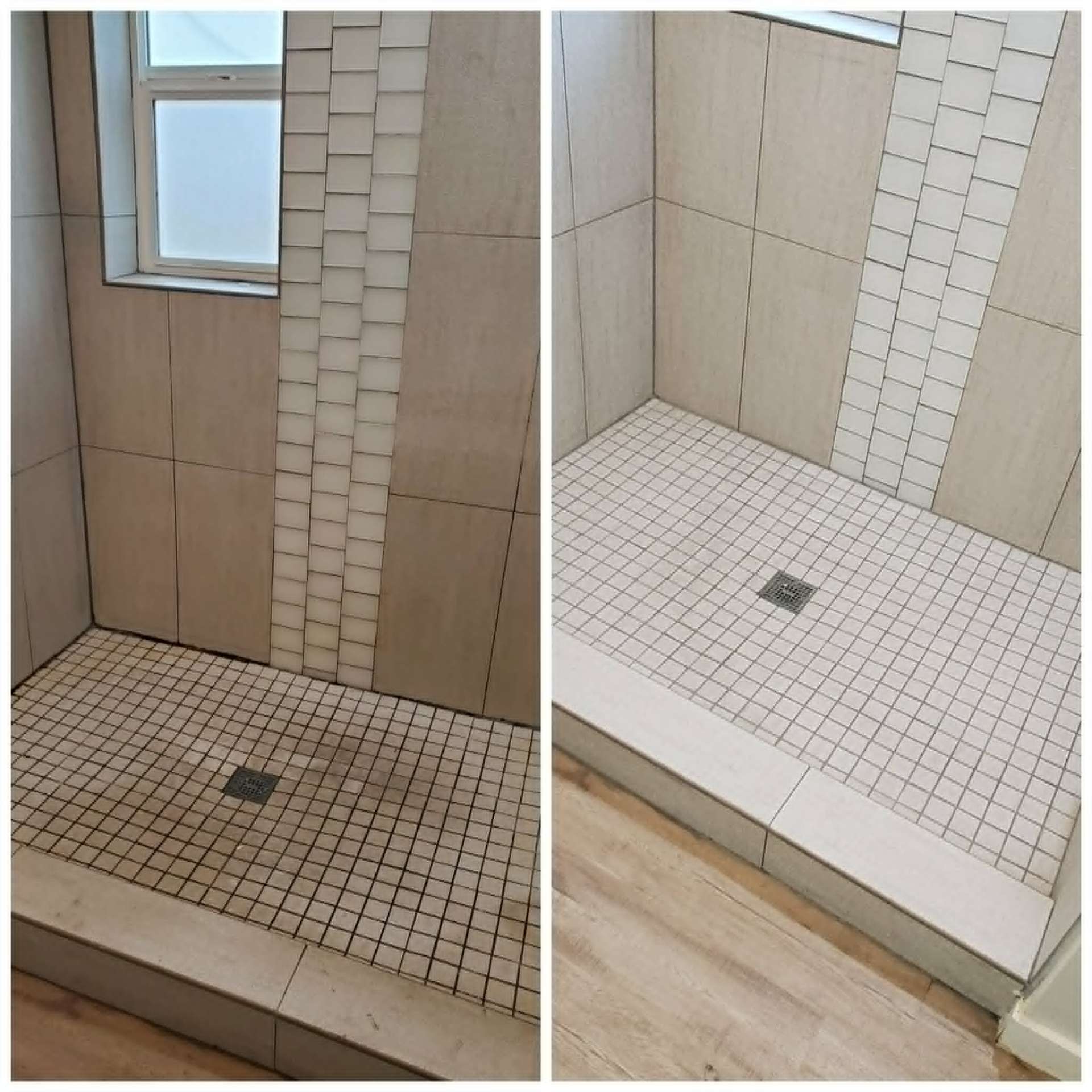 Real Lazona before and after of a square mosaic shower floor with heavy grime and dark discoloration restored to bright uniform white grout after professional color restoration