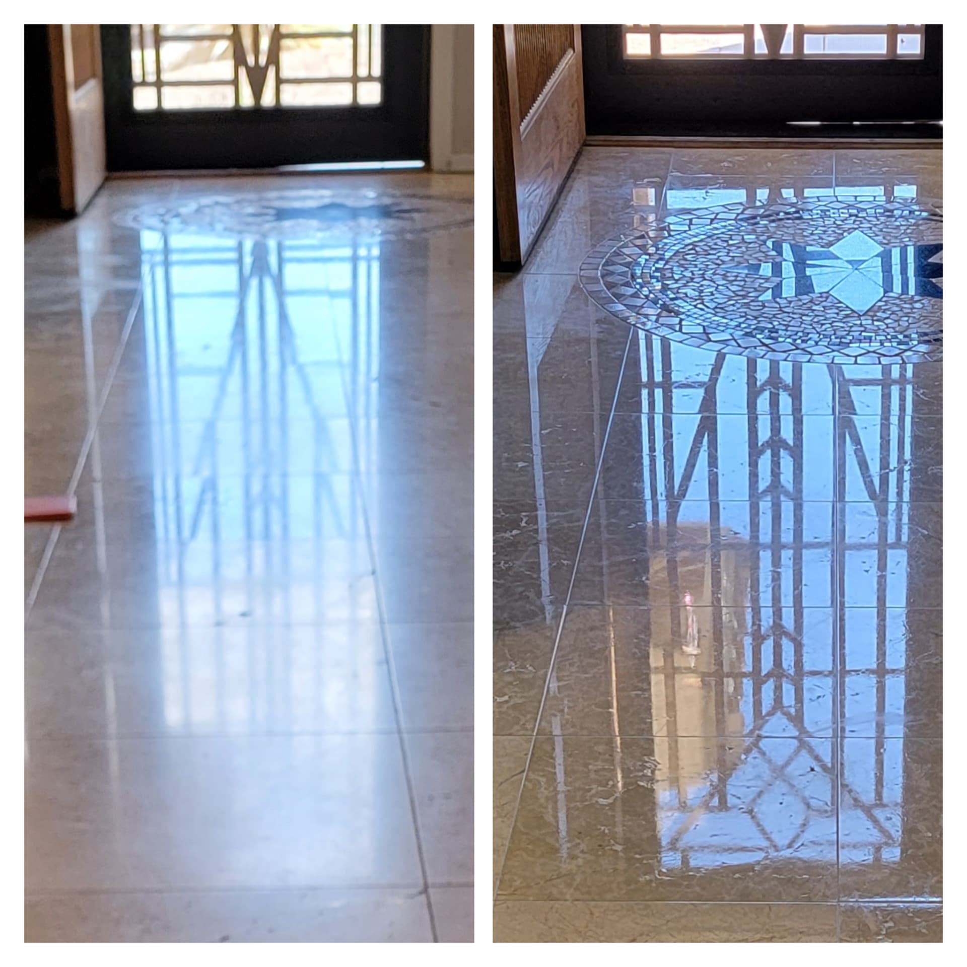Before and after marble entry floor polishing in a Gilbert AZ home - a dull hazy foyer with a mosaic medallion diamond polished back to a mirror finish that reflects the front door glass