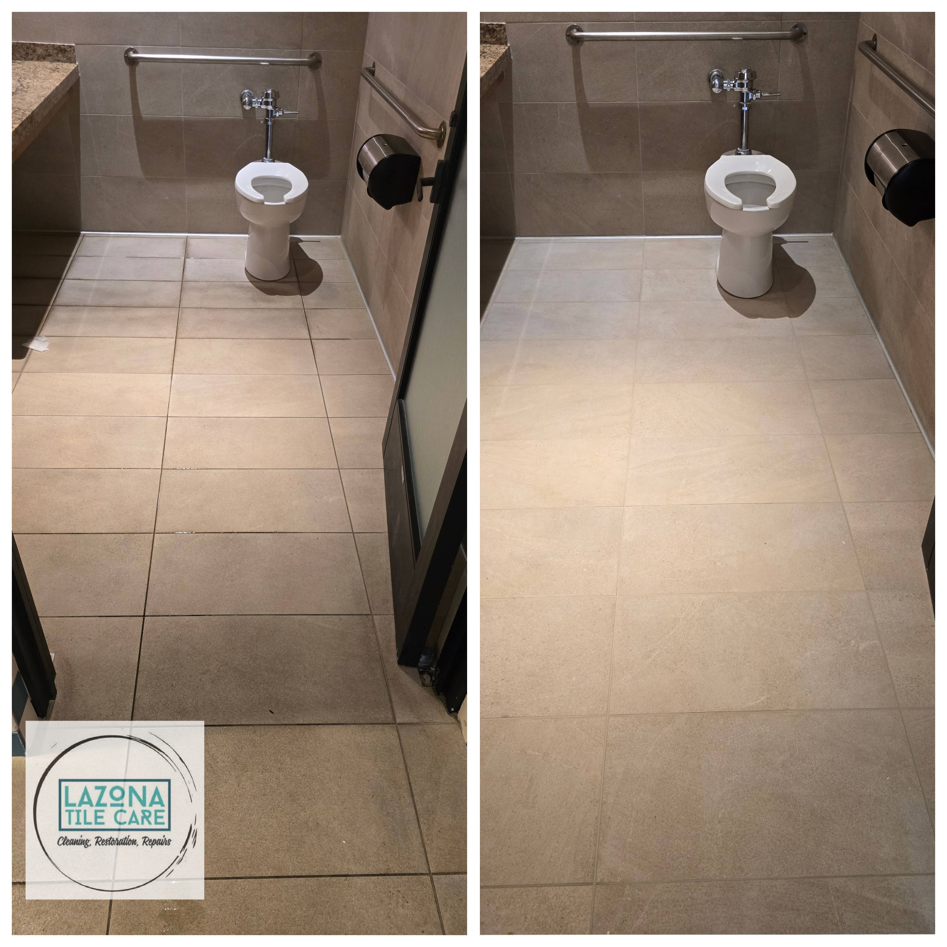 Before and after commercial restroom tile and grout cleaning by Lazona Tile Care in Chandler, Arizona ,  dark stained grout joints and traffic soil removed from large-format porcelain floor tile beside an ADA stall