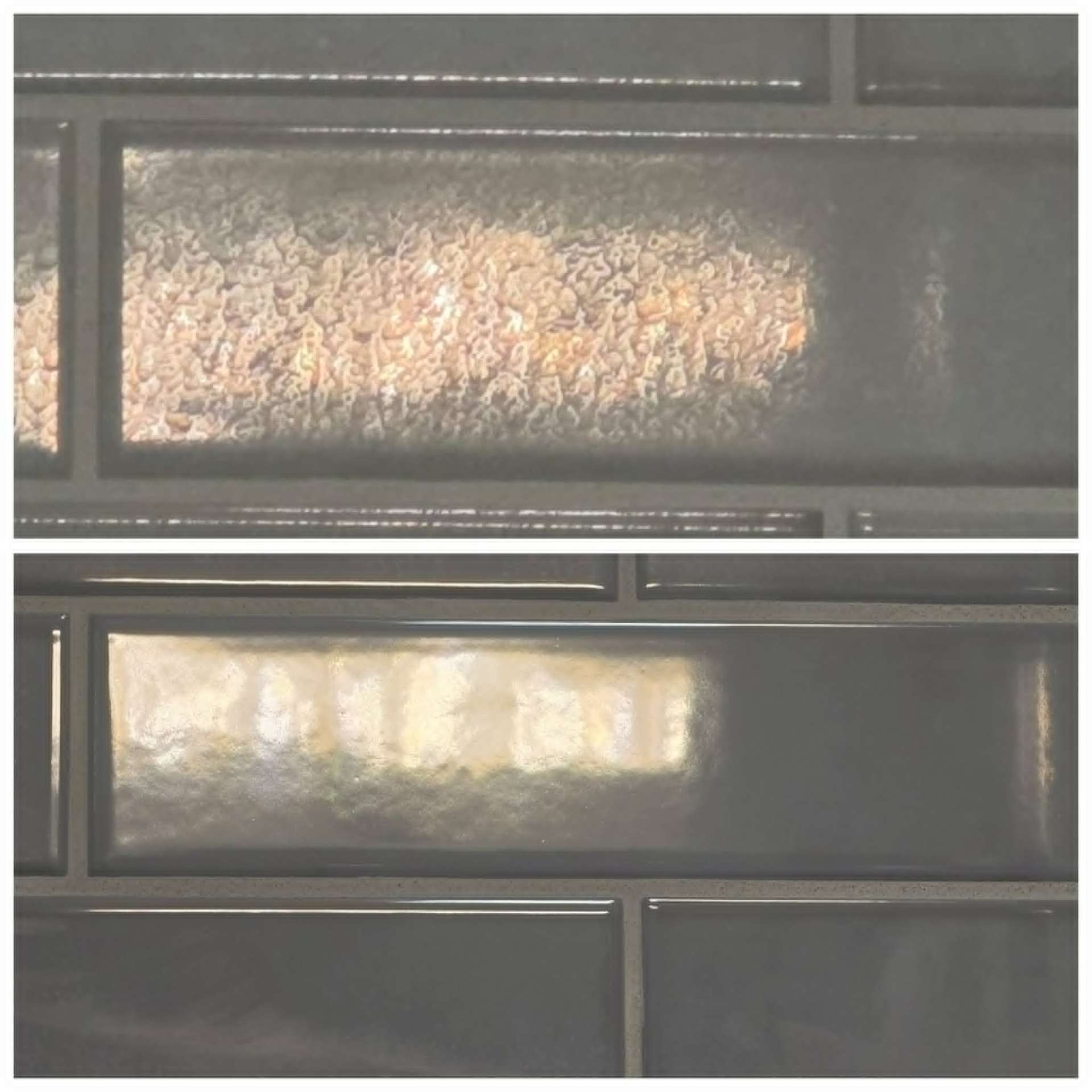Real Lazona before and after of an Arizona shower niche with rust and hard water staining on dark subway tile fully restored to clean tile and bright grout