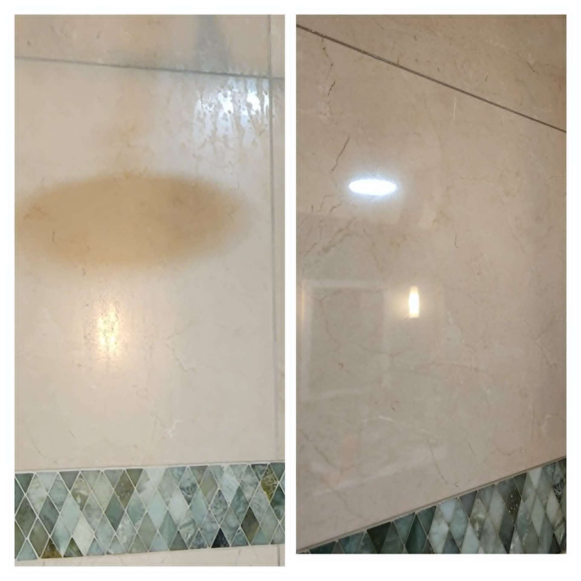 Marble shower wall in a Chandler AZ home showing hard water etching and dull spots before diamond honing and polishing by Lazona Tile Care