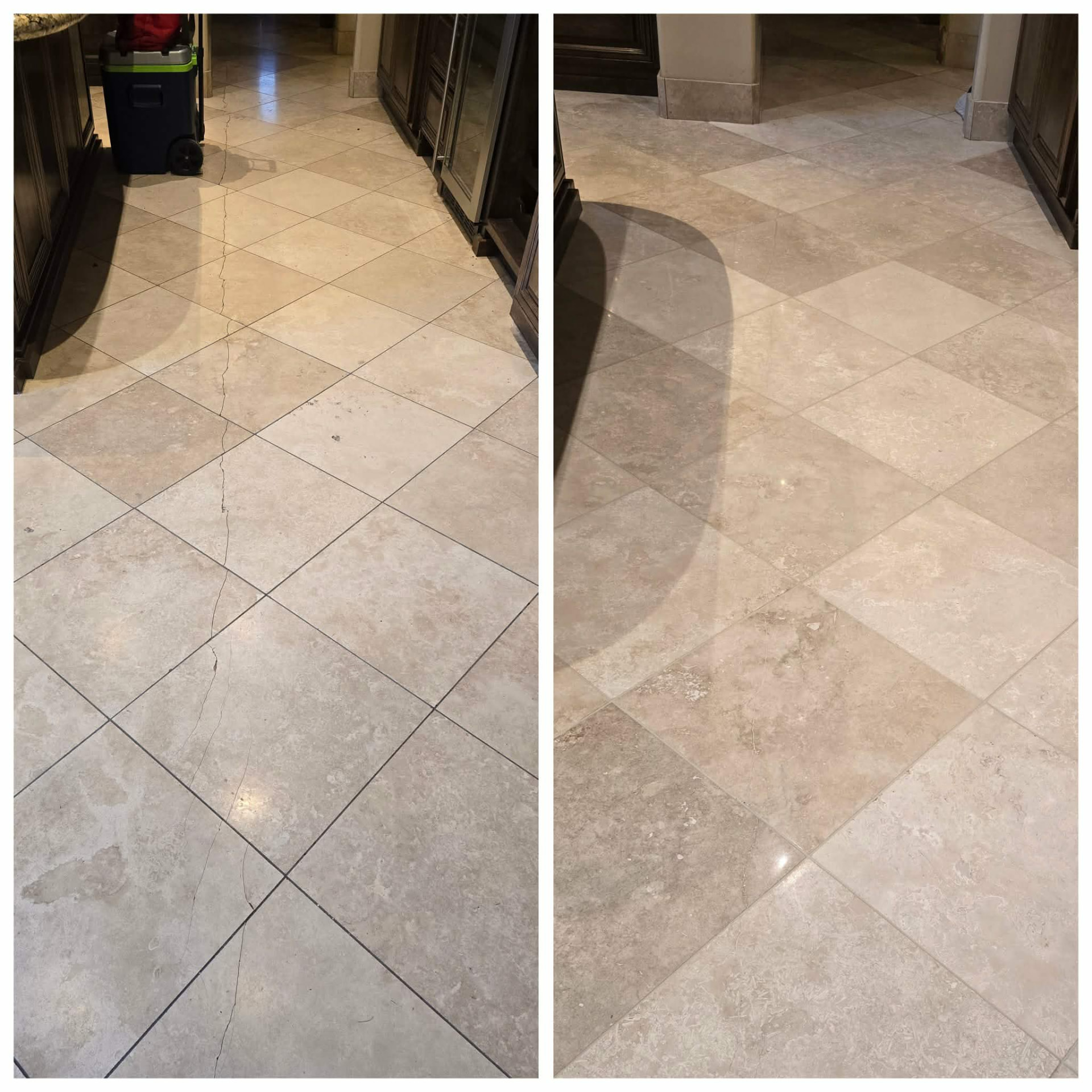 Before and after travertine floor restoration in a Chandler AZ kitchen - a long crack running through several tiles filled with color matched epoxy, then diamond ground and honed to a uniform satin finish