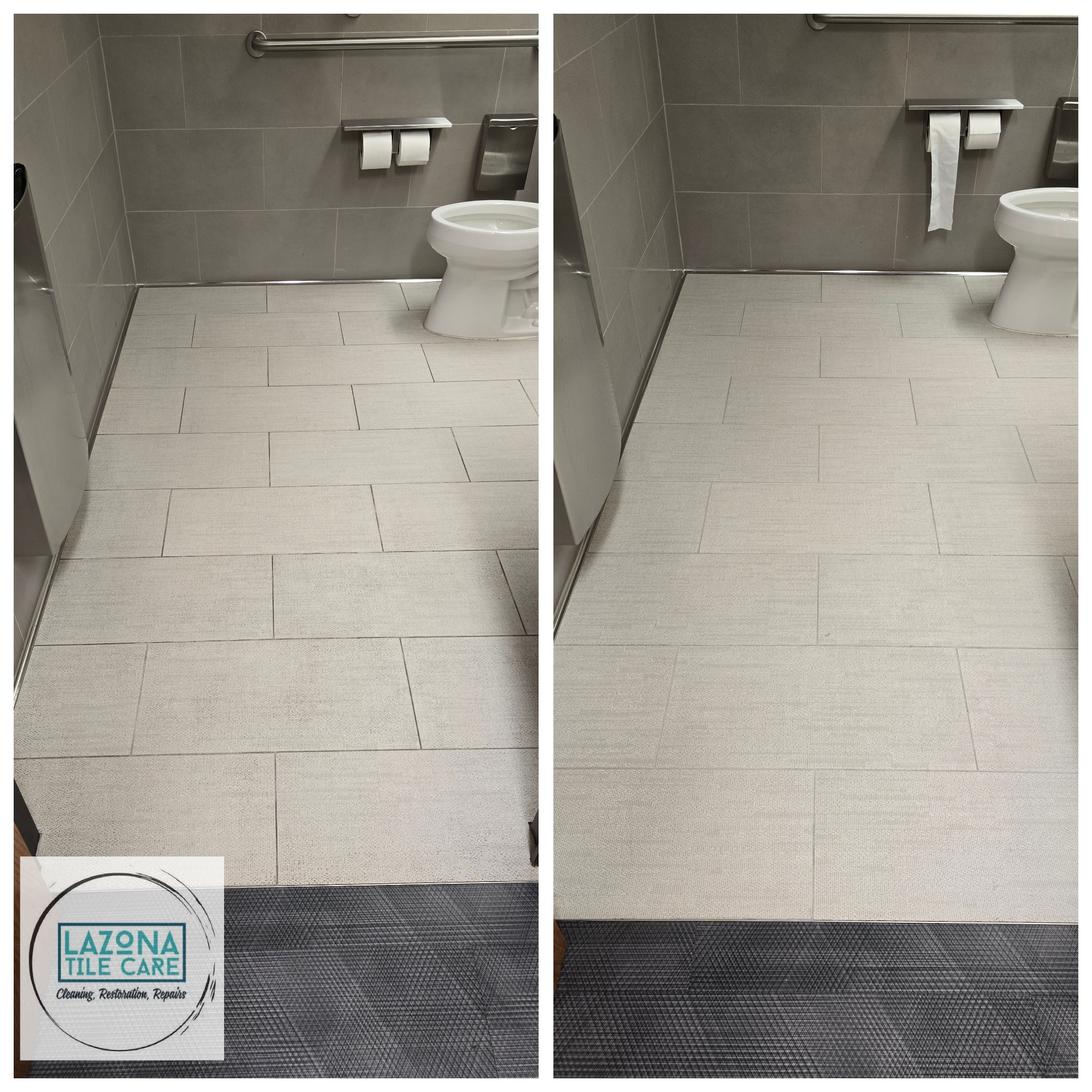 Before and after office building restroom porcelain floor and grout deep cleaning by Lazona Tile Care in Mesa, Arizona ,  grey soiled grout lines restored to a uniform light finish in a high traffic public restroom