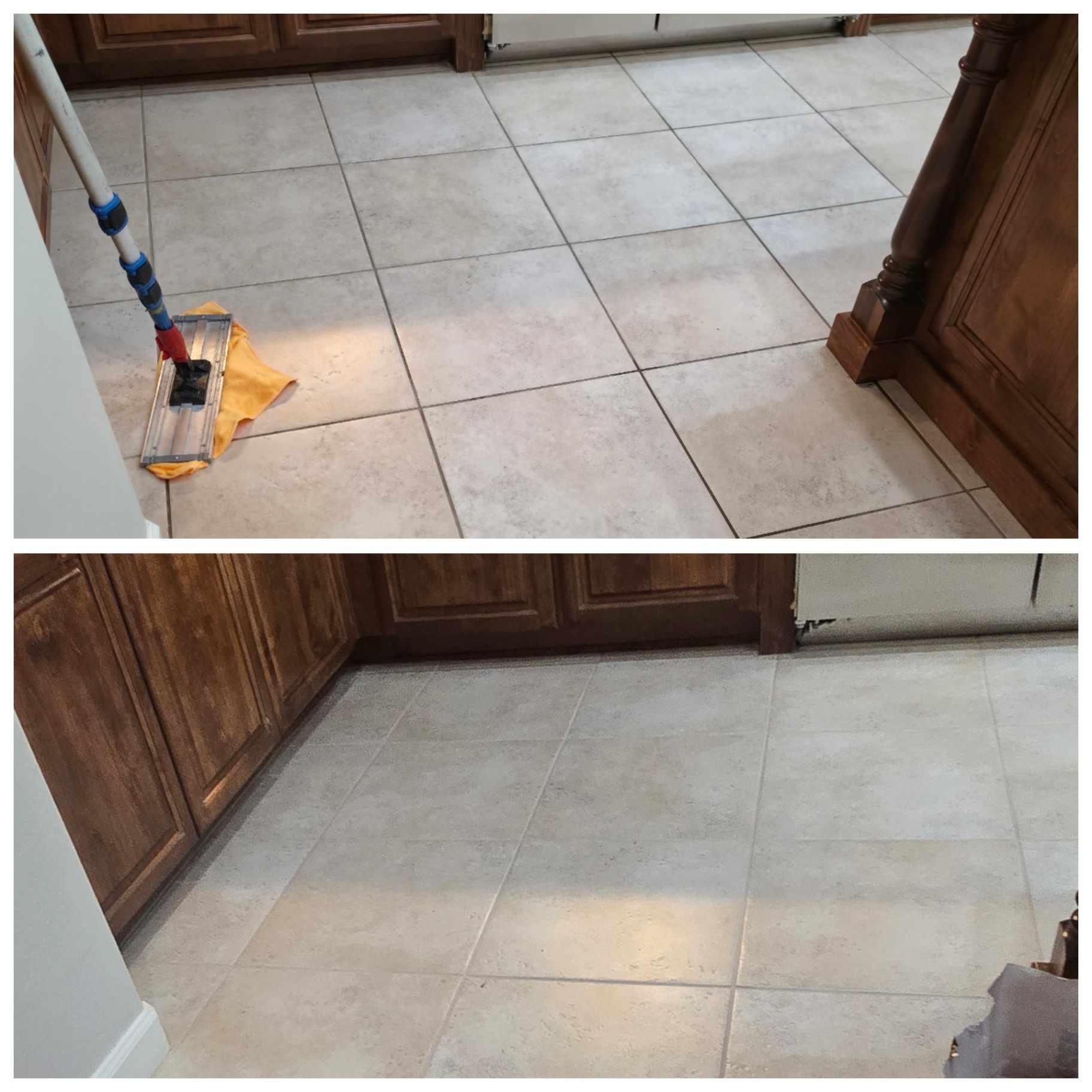 Before and after of a Chandler AZ kitchen tile floor with dark stained grout lines deep cleaned then color restored to a uniform custom color by Lazona Tile Care