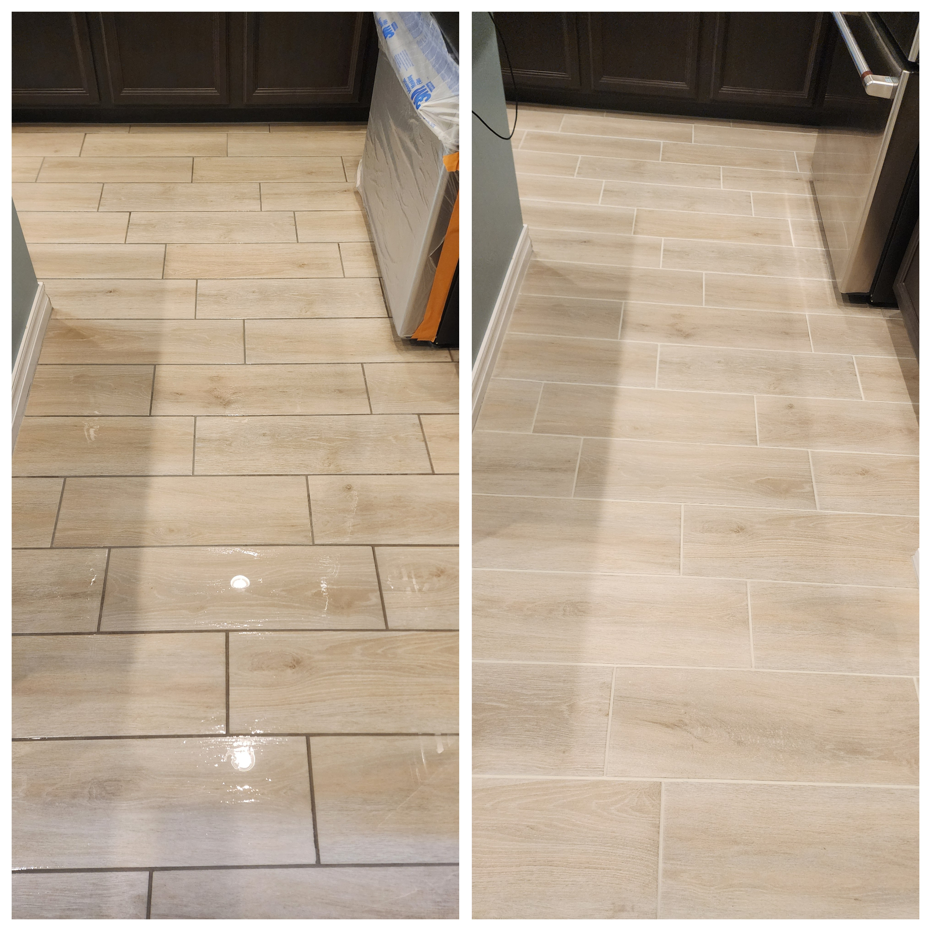 Real before and after of grout color restoration on a wood-look porcelain tile floor in an Arizona home showing stained dark grout on the left and clean uniform light grout on the right after Lazona Tile Care service