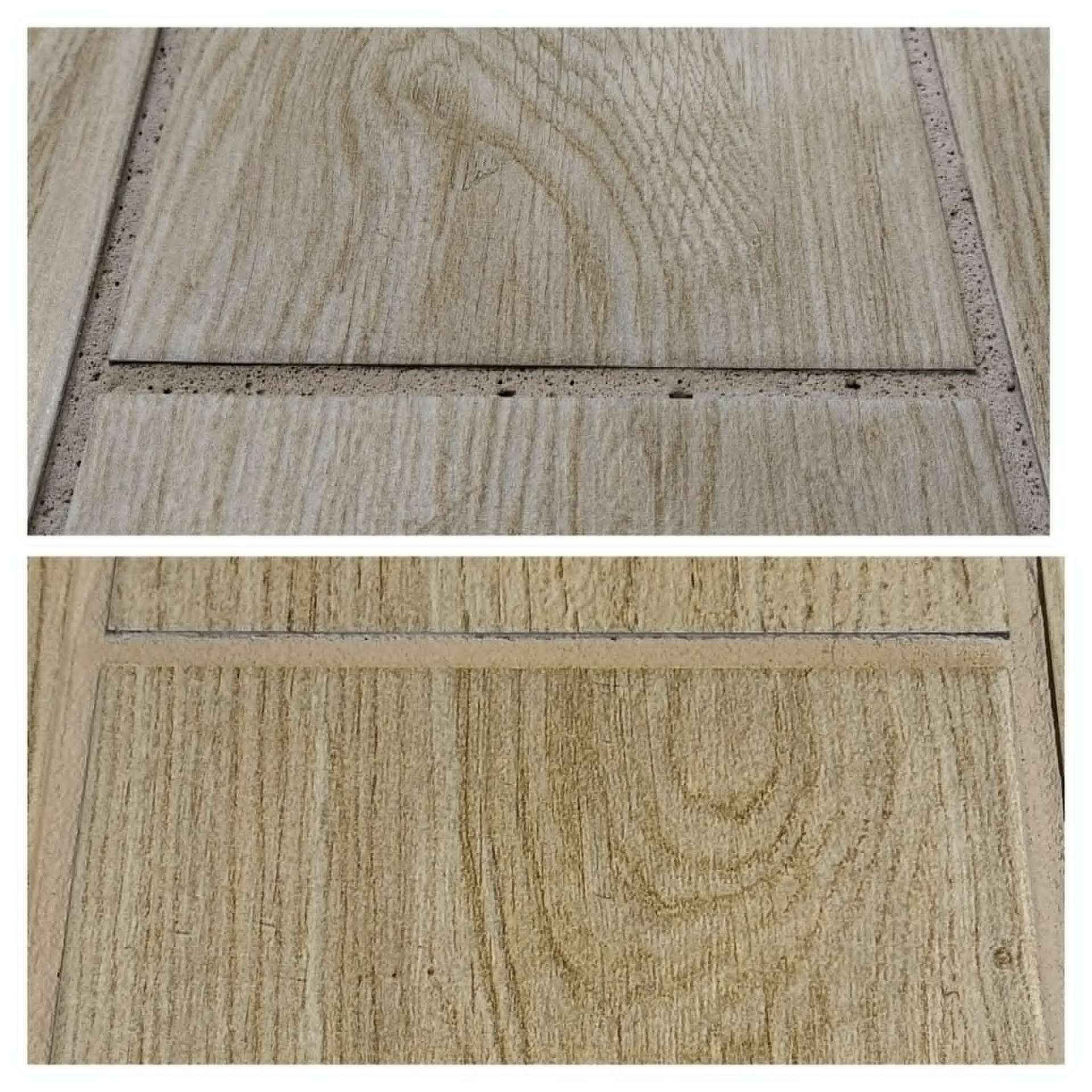 Wood-look porcelain tile with grout joints damaged by bleach showing powdery porous eroded edges on the left compared to clean uniform color-sealed joints on the right after professional Lazona Tile Care restoration in an Arizona bathroom