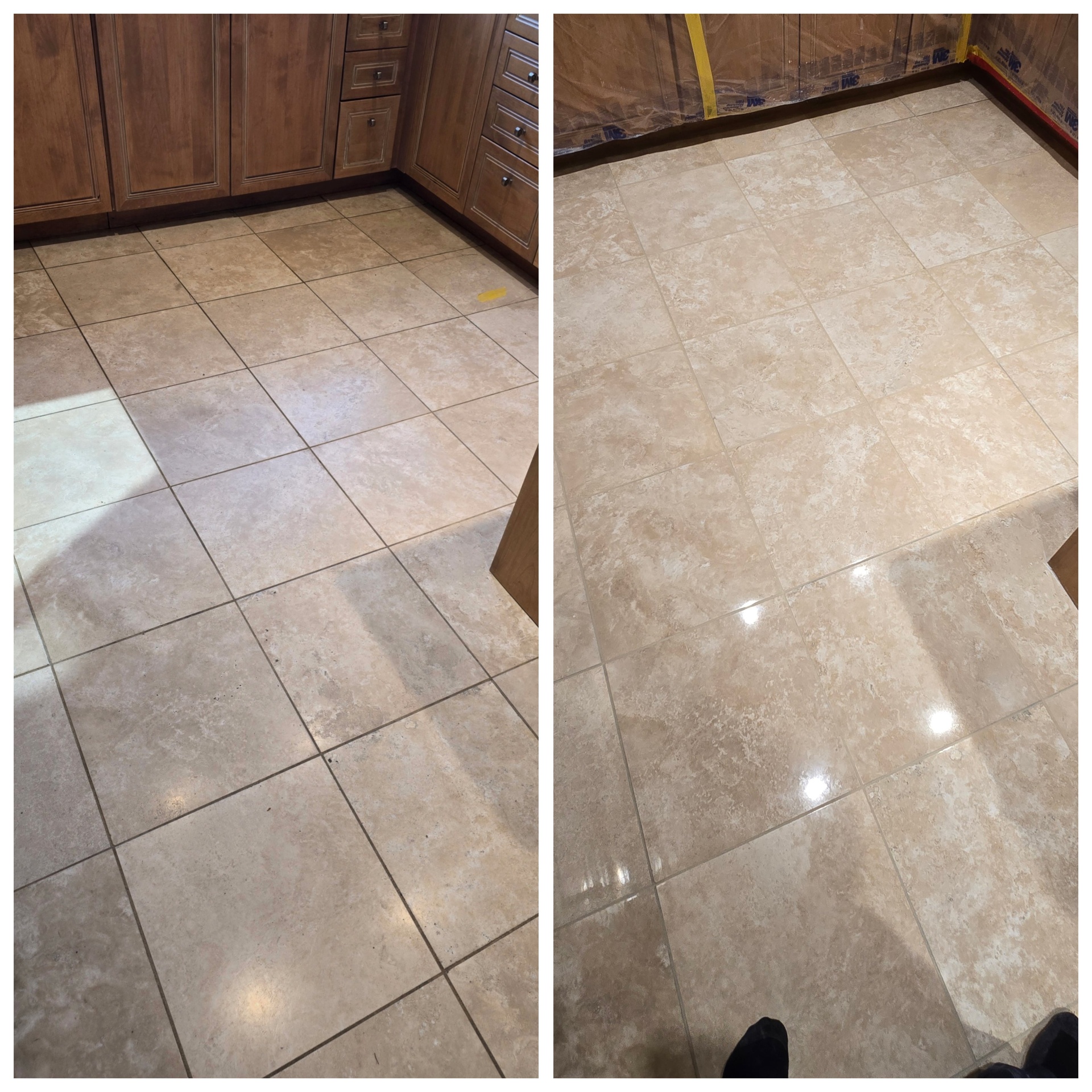 Before and after travertine tile floor with grout color sealing in Chandler AZ kitchen - dark stained grout restored to clean uniform lines with polished stone finish