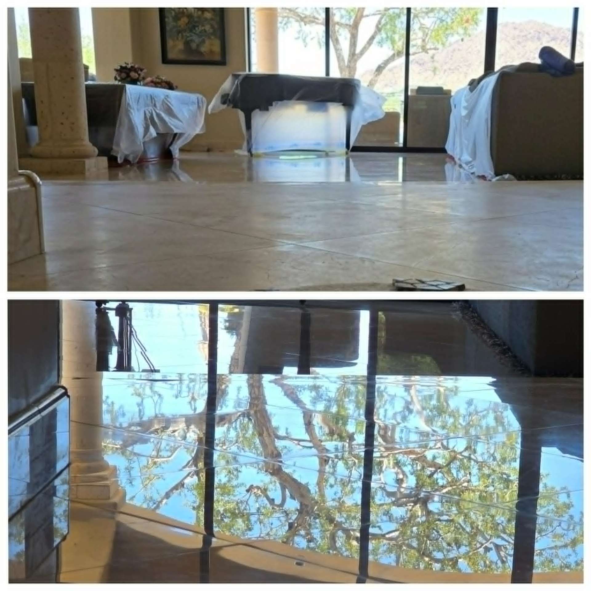 Before and after hollow cracked tile floor in a Paradise Valley home with multiple fractured field tiles caused by spot bonded mortar and missing crack isolation membrane on left compared to repaired and re-set floor on right after professional tile rebond and replacement