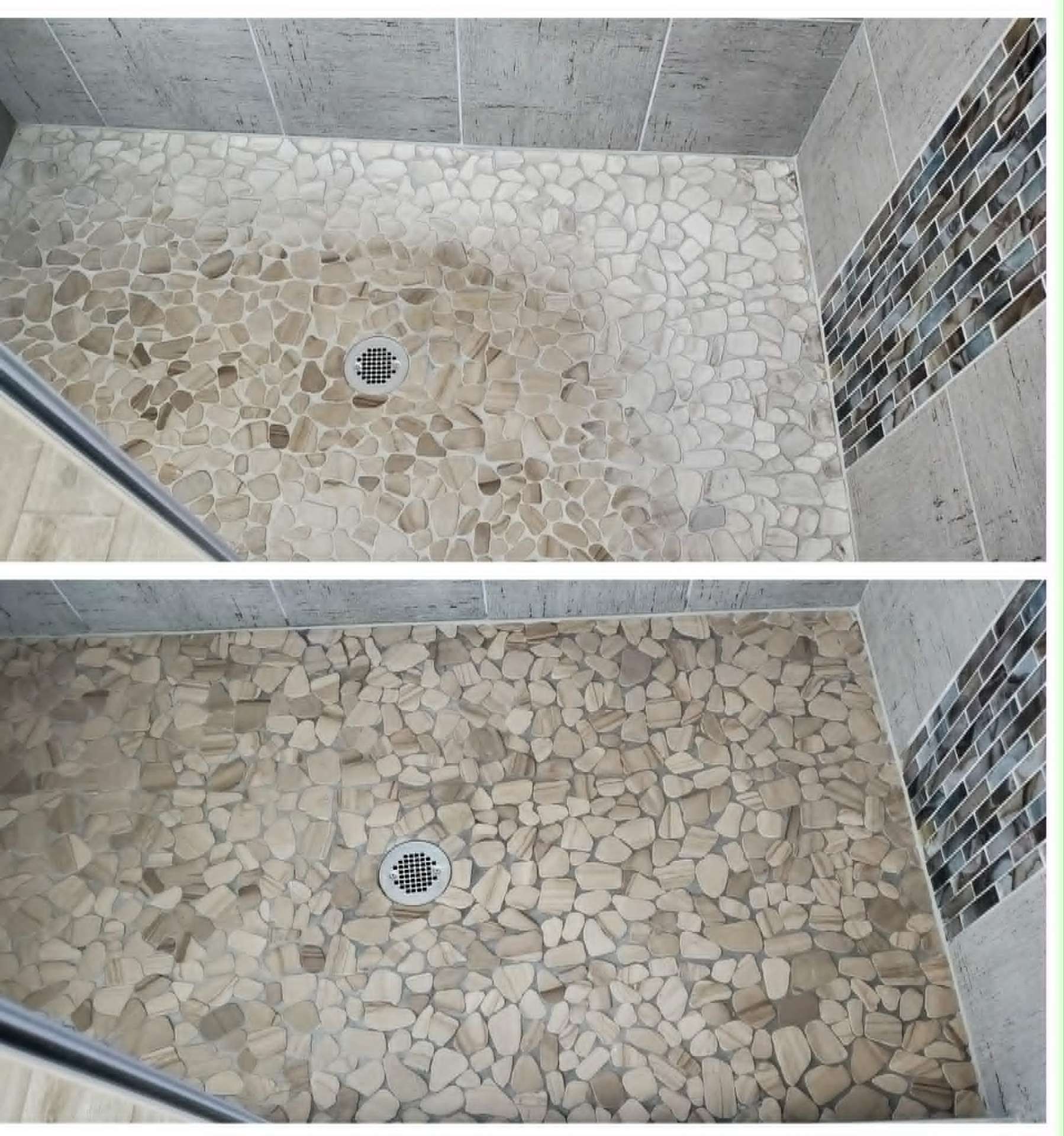 Real Lazona before and after of an Arizona pebble mosaic shower floor cleaned and color enhanced showing individual stones restored to natural depth of color