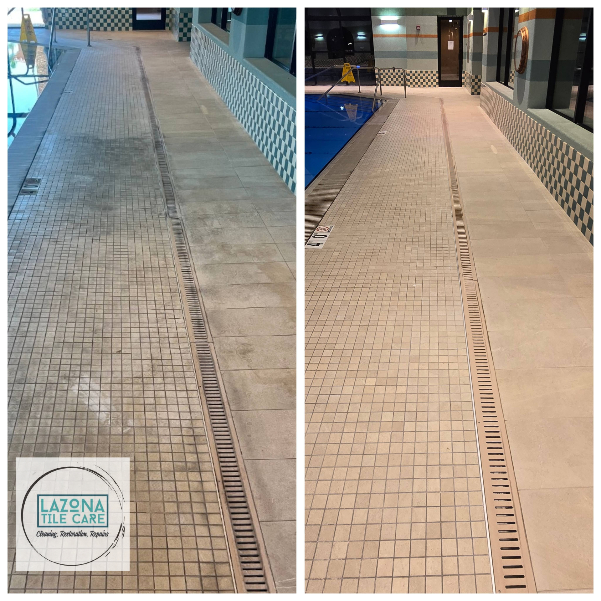 Pool deck walkway tile and grout cleaned to remove slick mineral film by Lazona Tile Care in Phoenix, Arizona
