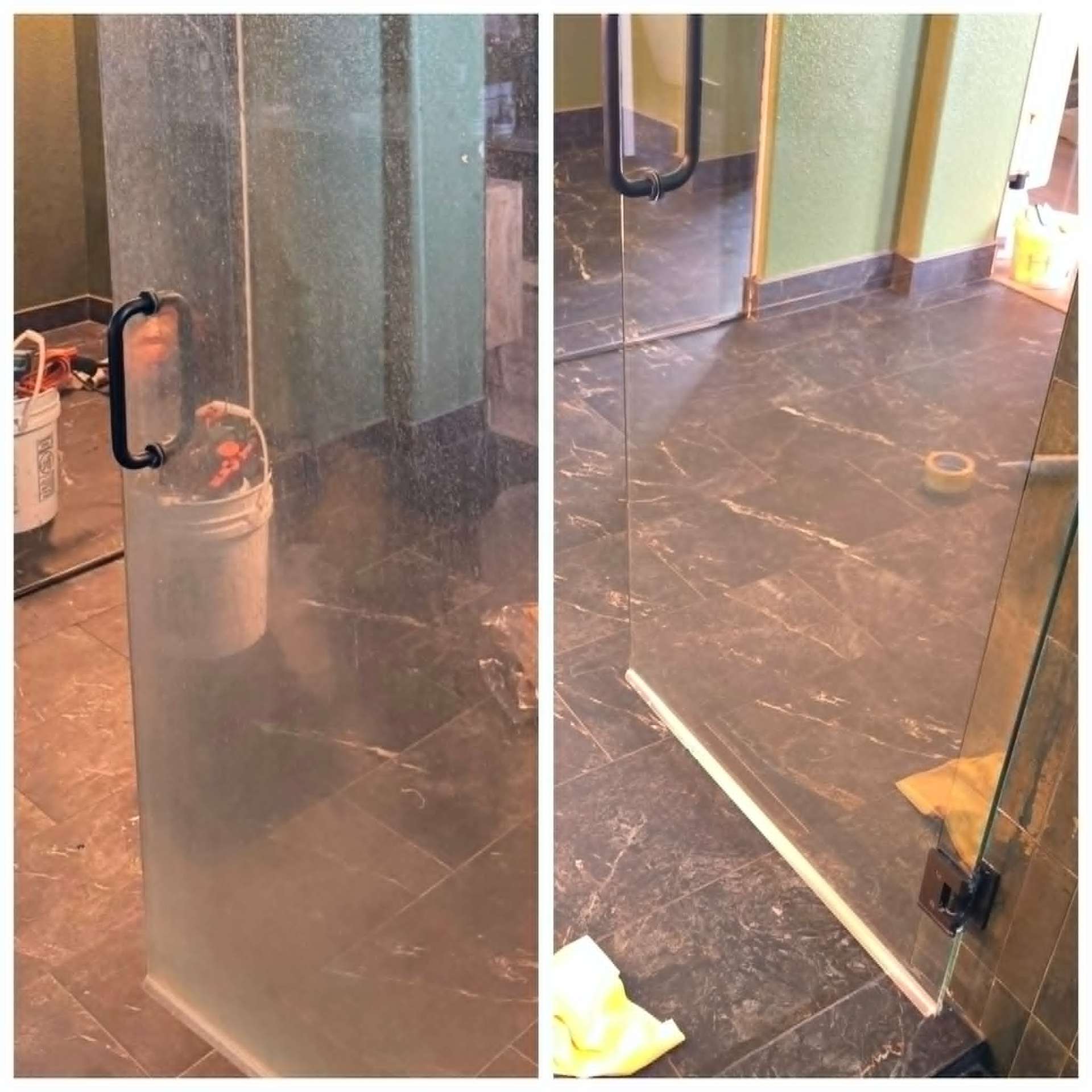 Frameless glass shower door in an Arizona bathroom with dark marble floor showing heavy white hard water etching and ammonia haze on the left panel compared to crystal clear polished glass on the right panel after professional cerium oxide restoration and hydrophobic coating by Lazona Tile Care