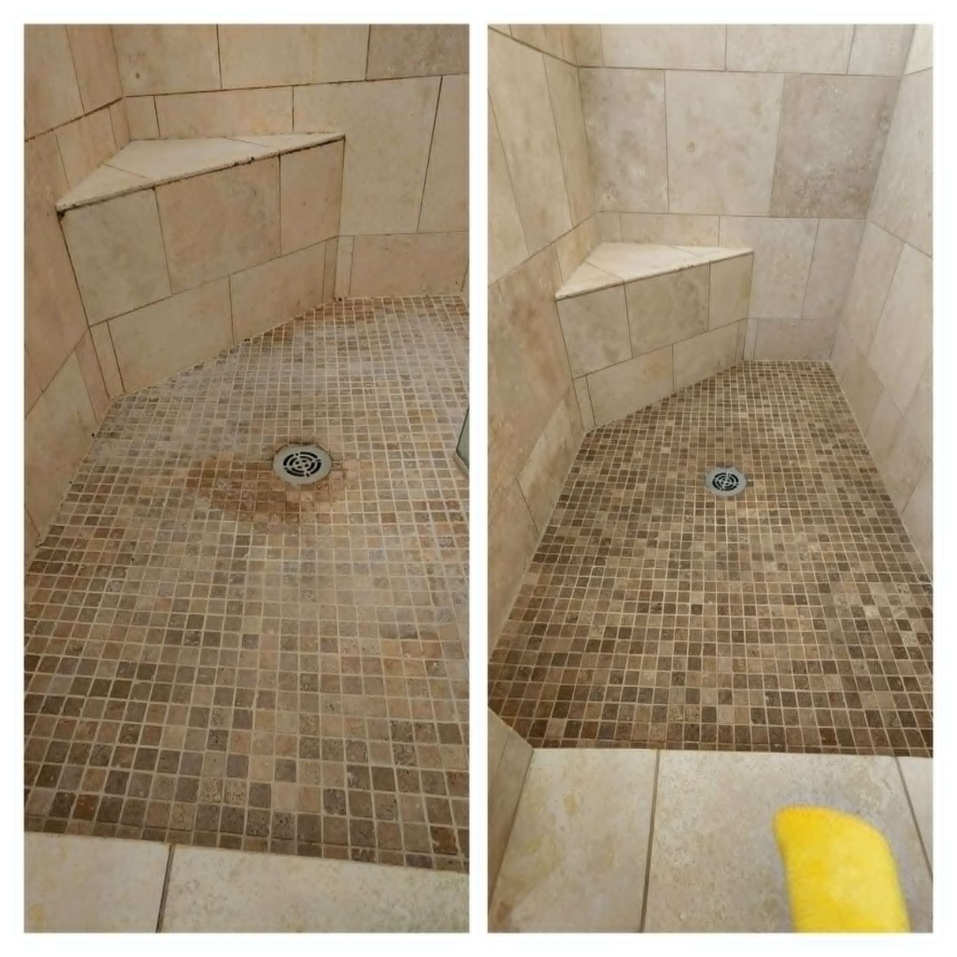 Travertine mosaic shower floor and curb in Mesa AZ after hole filling, honing, and sealing of natural stone by Lazona Tile Care