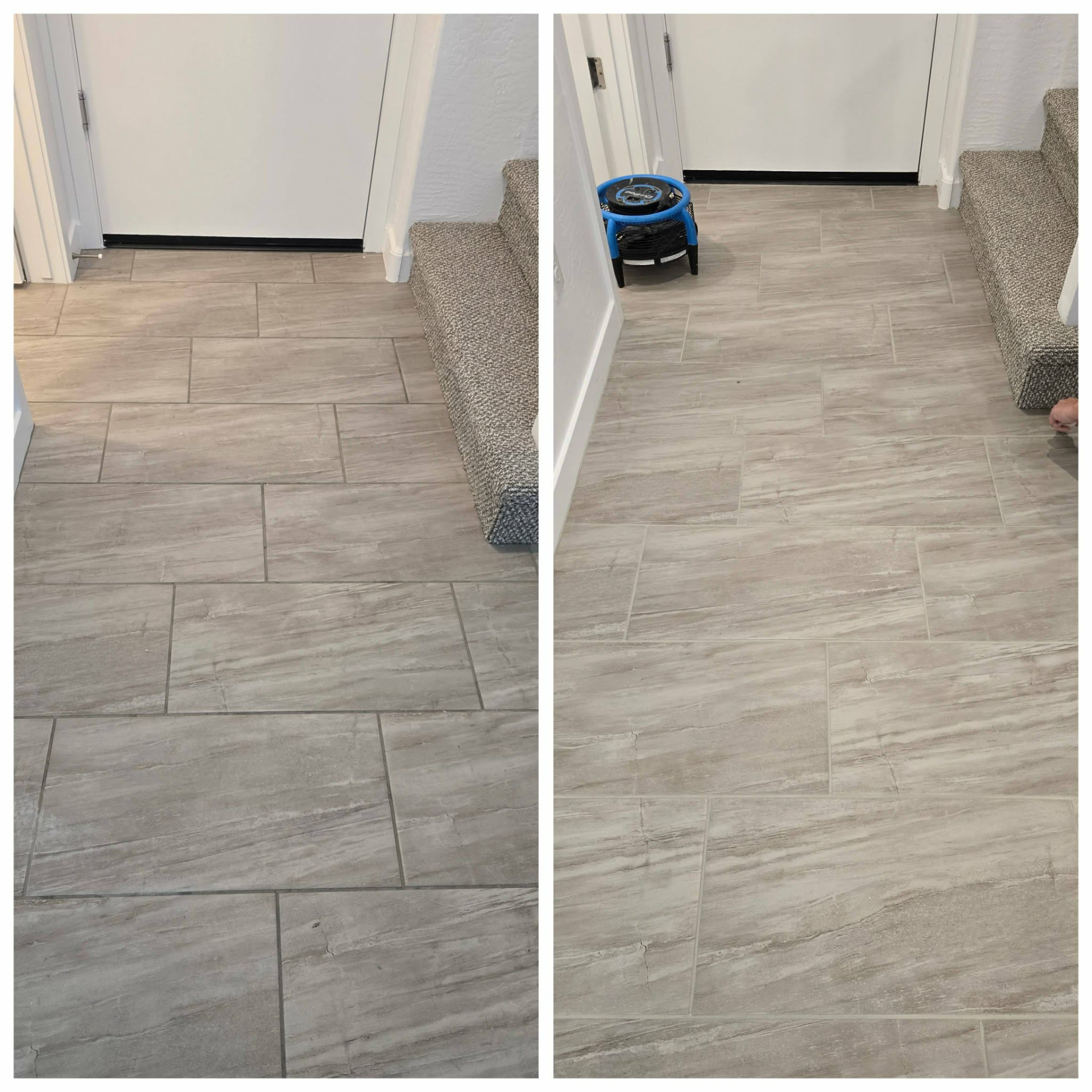 Before and after wood-look porcelain plank tile and grout cleaning in a Gilbert AZ entryway by Lazona Tile Care
