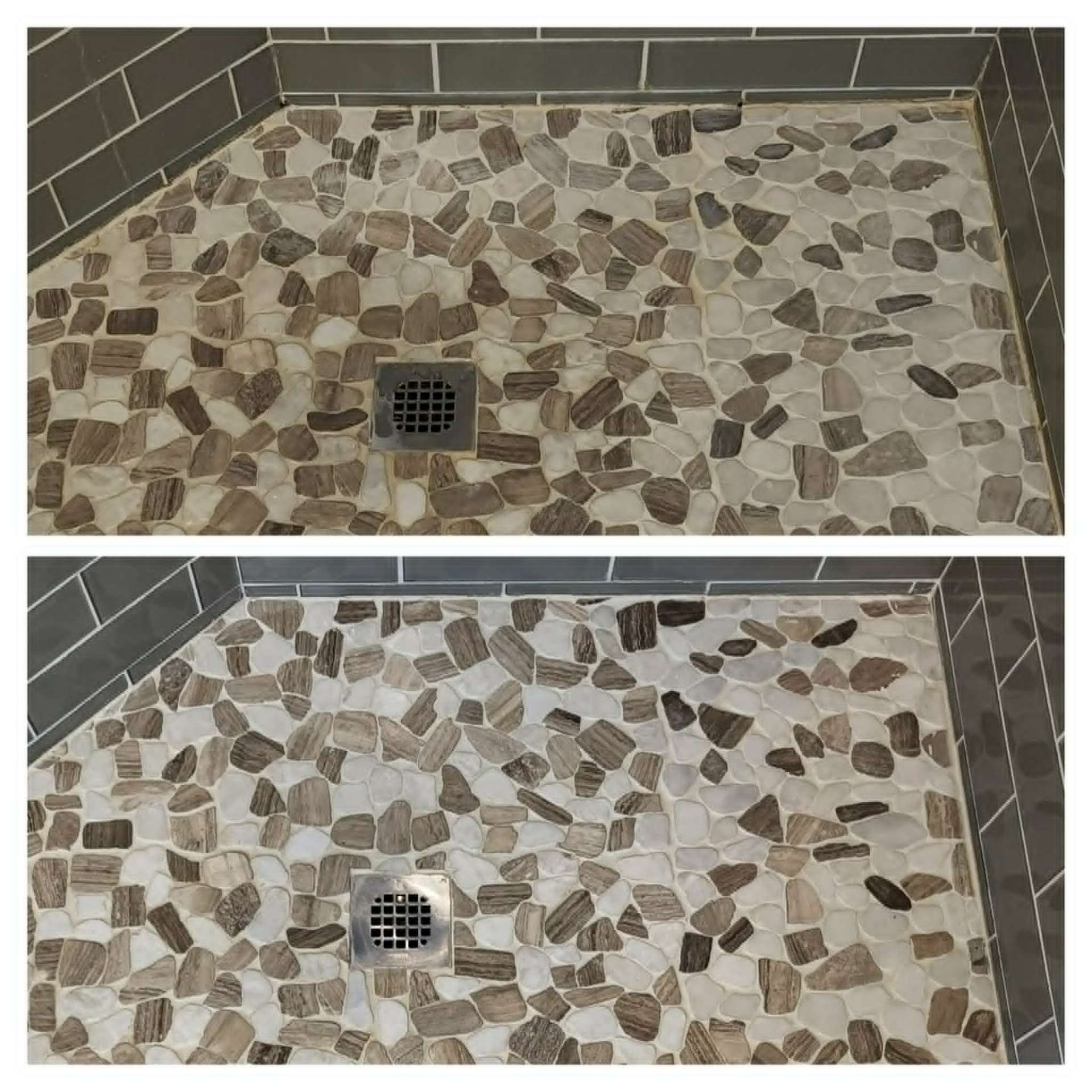 River pebble stone shower floor in Paradise Valley AZ deep cleaned and sealed after mineral buildup and grout erosion repair