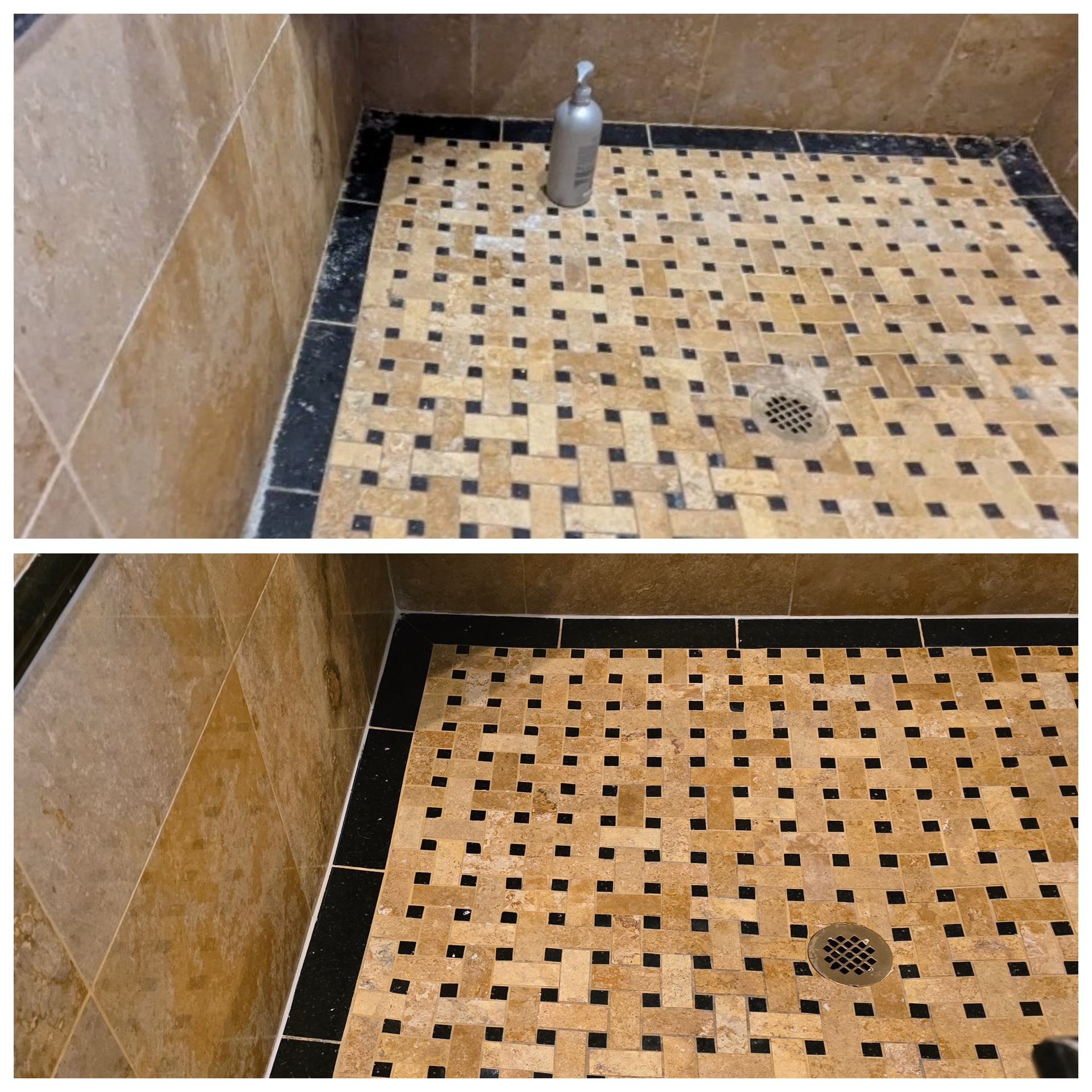 Before and after of an Arizona travertine basketweave shower floor pan with white efflorescence and soiled grout restored to clean uniform stone and a bright polished drain