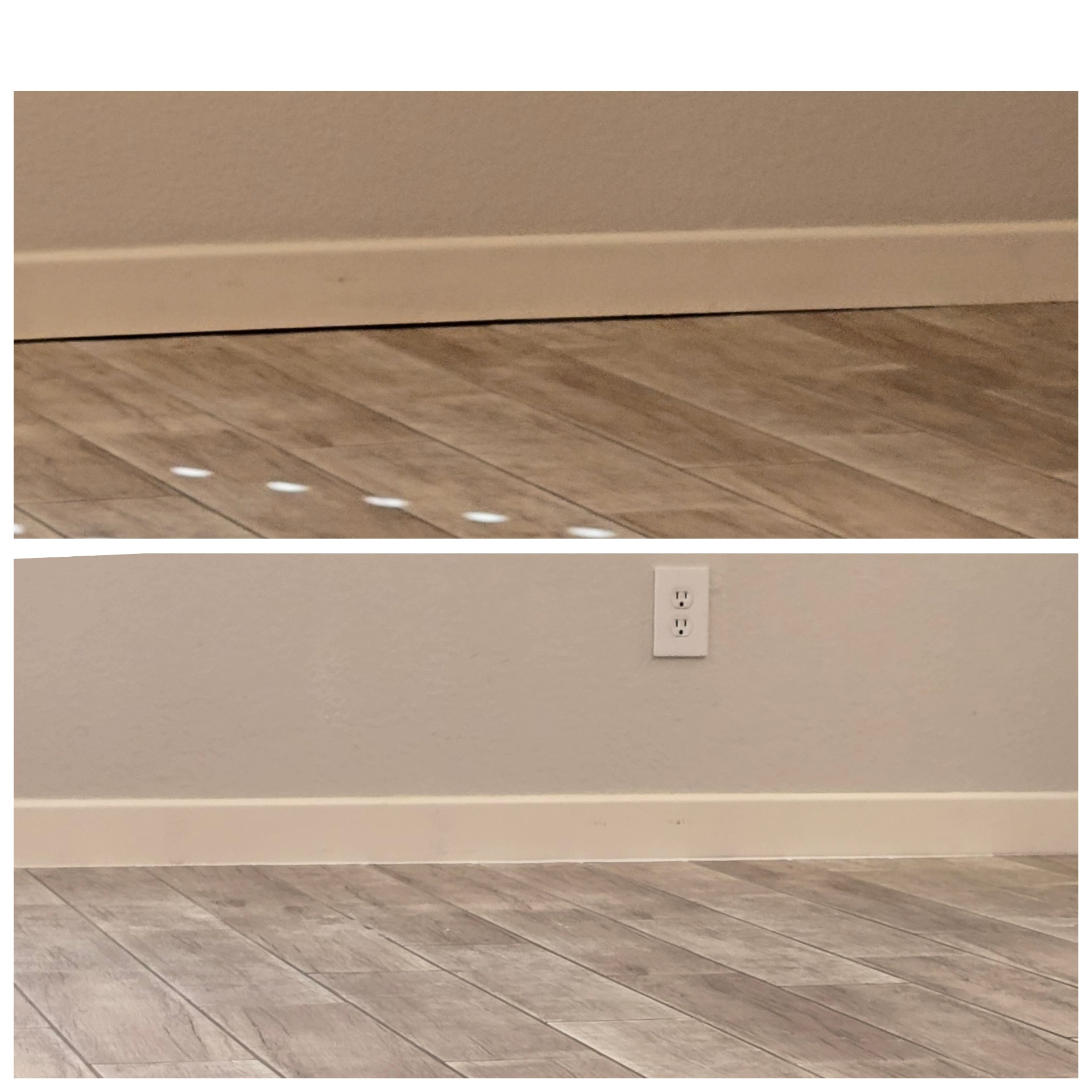 Before and after of a wood-look tile floor in Chandler AZ where the open gap under the MDF baseboard was caulked and sealed prior to deep cleaning to keep water out of the trim