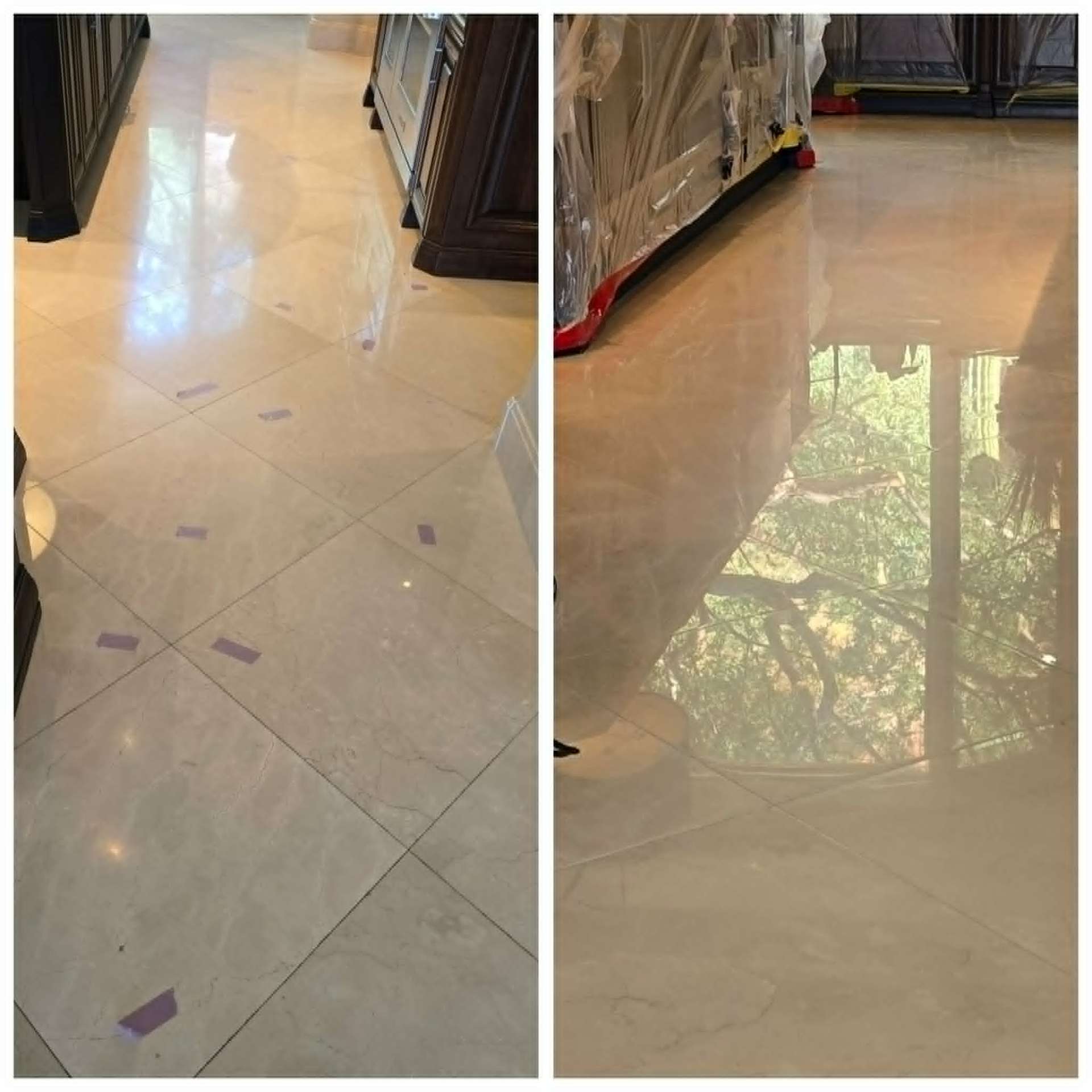 Side by side comparison of an East Valley tile floor with dark stained grout joints on the left and bright uniformly color sealed grout on the right after professional Lazona Tile Care restoration in Gilbert Arizona