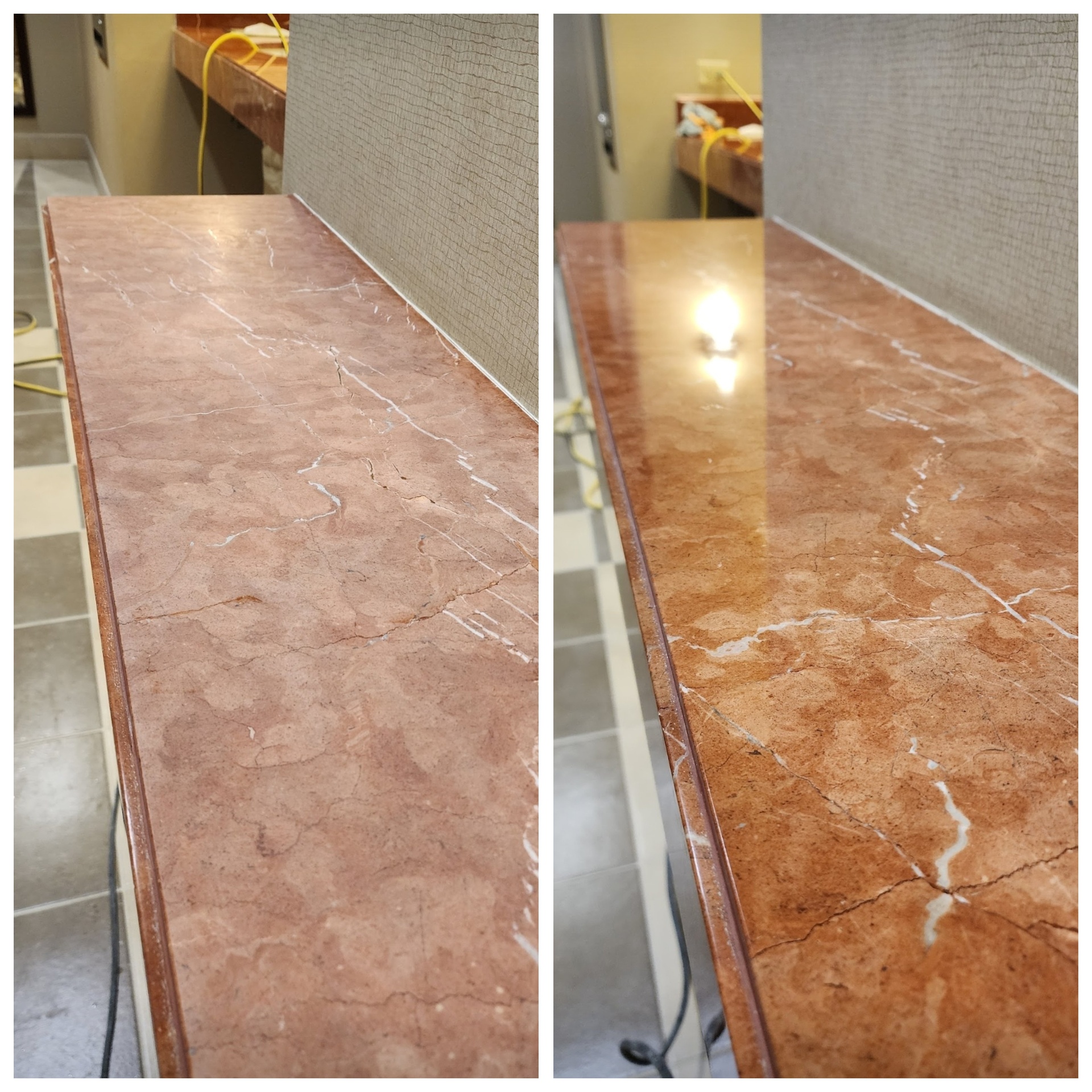 Before and after of a red Rojo marble countertop in Gilbert AZ that was acid etched and worn dull, diamond honed and polished back to a deep red gloss and sealed