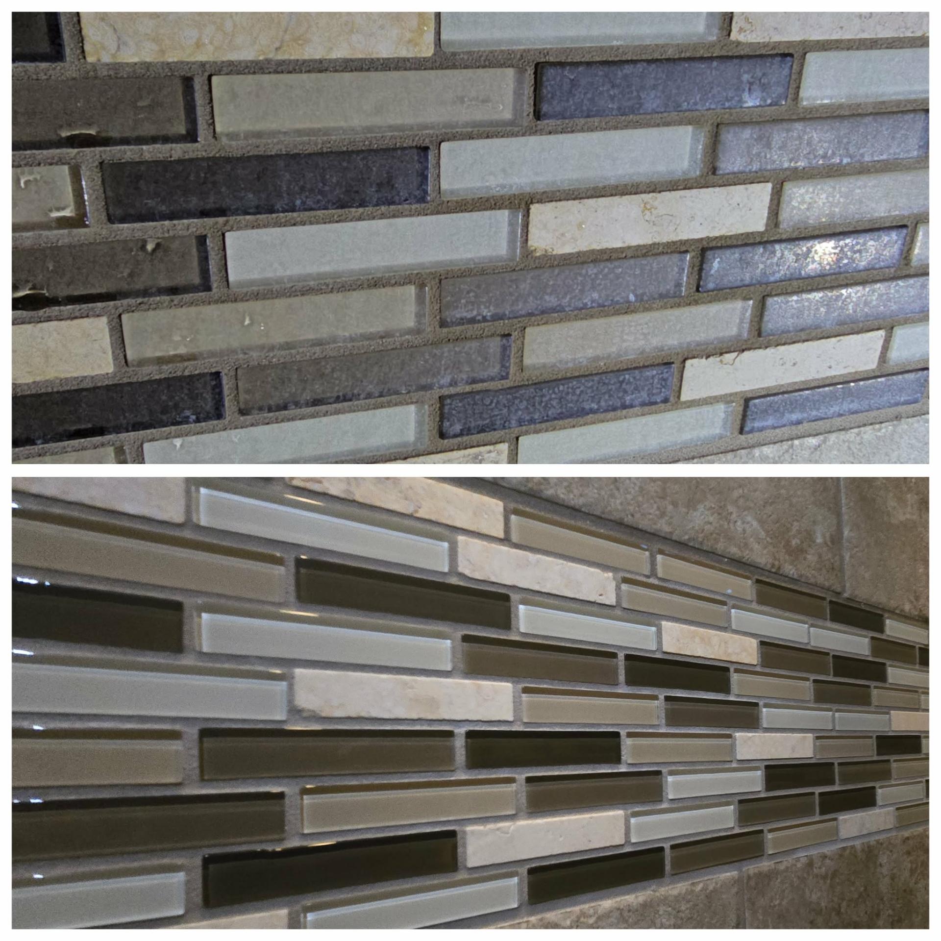 Before and after glass mosaic and travertine inlay shower border cleaning and grout sealing Gilbert Arizona