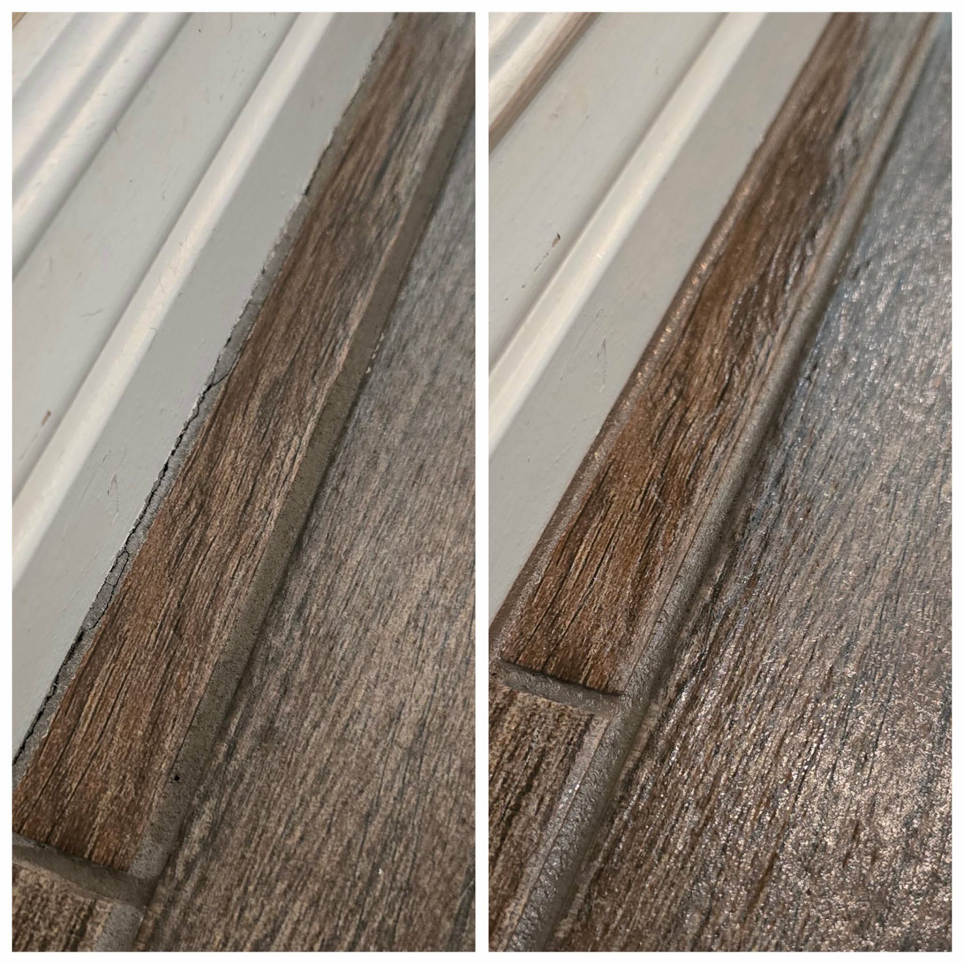 Before and after grout repair along baseboard wood-look tile Adora Falls Gilbert AZ