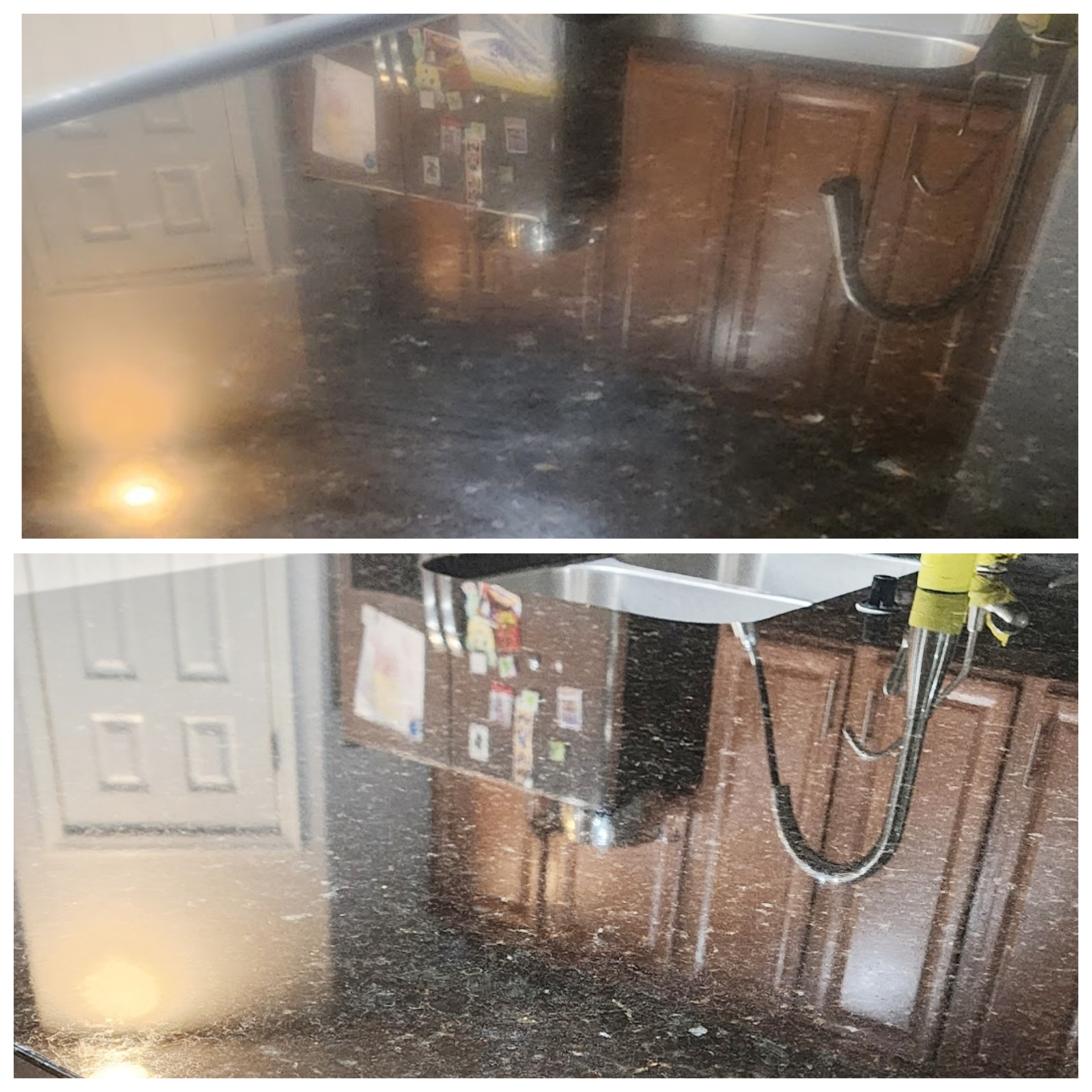 Black granite kitchen countertop polishing and restoration before and after in Arizona home showing mirror finish results