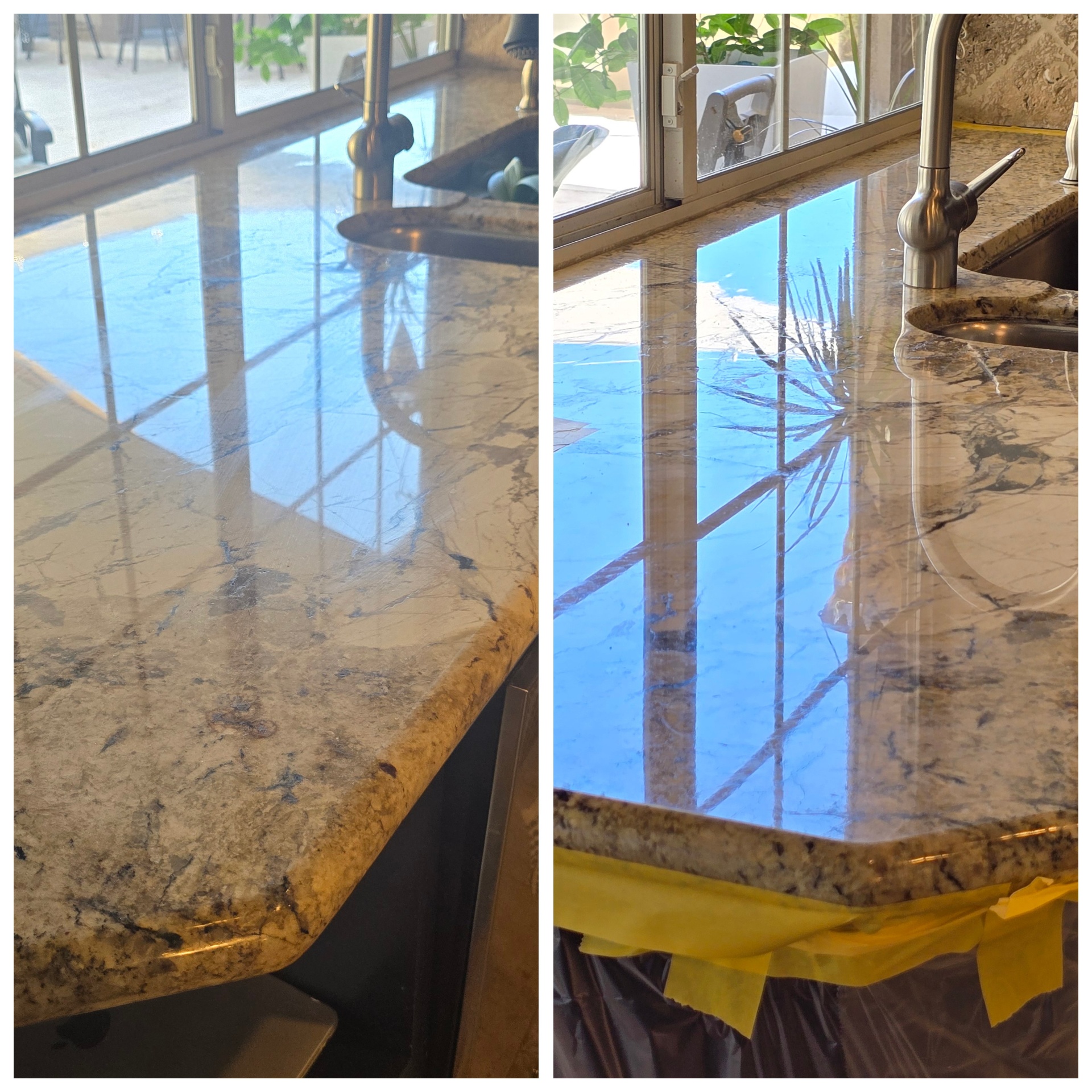 Granite kitchen countertop before and after professional polishing and restoration showing dramatic improvement in clarity and shine in Arizona home