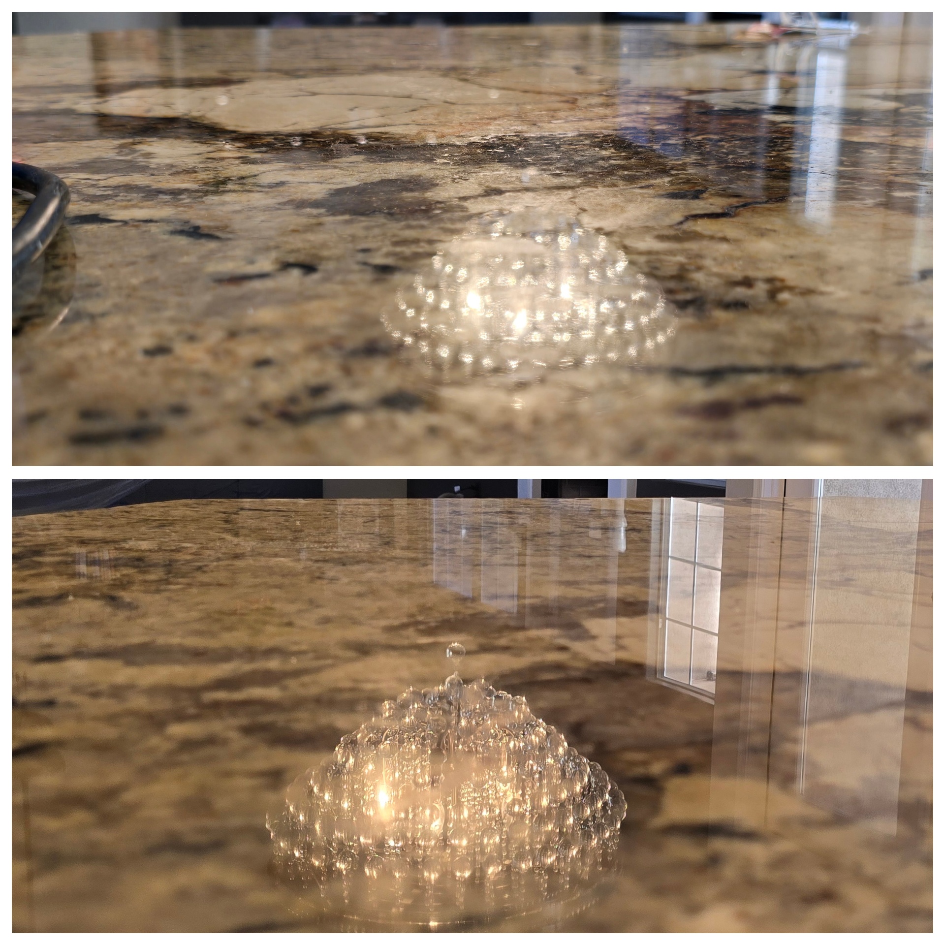 Granite countertop sealer water bead test showing before unsealed absorption and after professional sealing with water beading on surface
