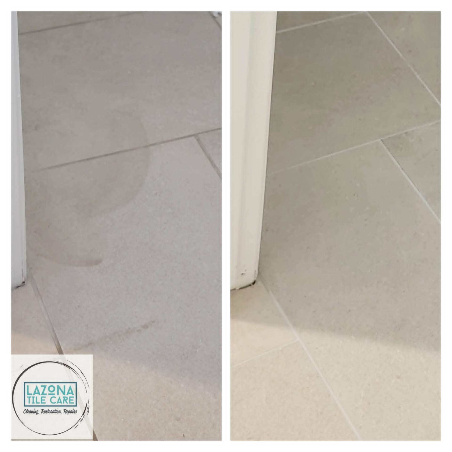 Before and after comparison of bathroom porcelain tile floor at a doorway showing dull hazy soiled tile on the left and bright clean uniform tile on the right after Lazona Tile Care service
