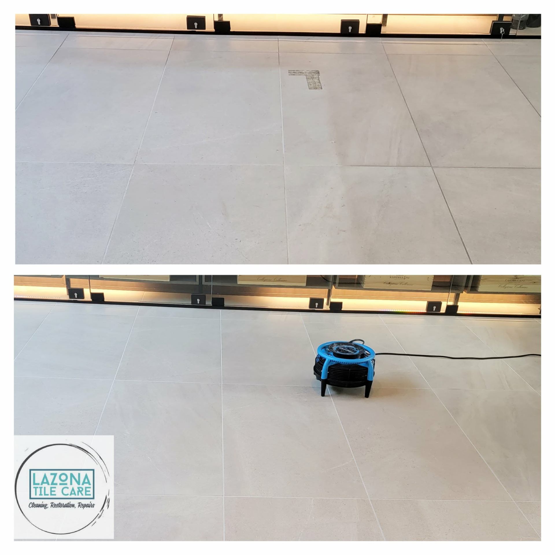 Before and after comparison of large format porcelain showroom floor showing patchy darkened areas and construction haze on top and clean uniform tile with air mover drying on bottom after Lazona Tile Care commercial restoration