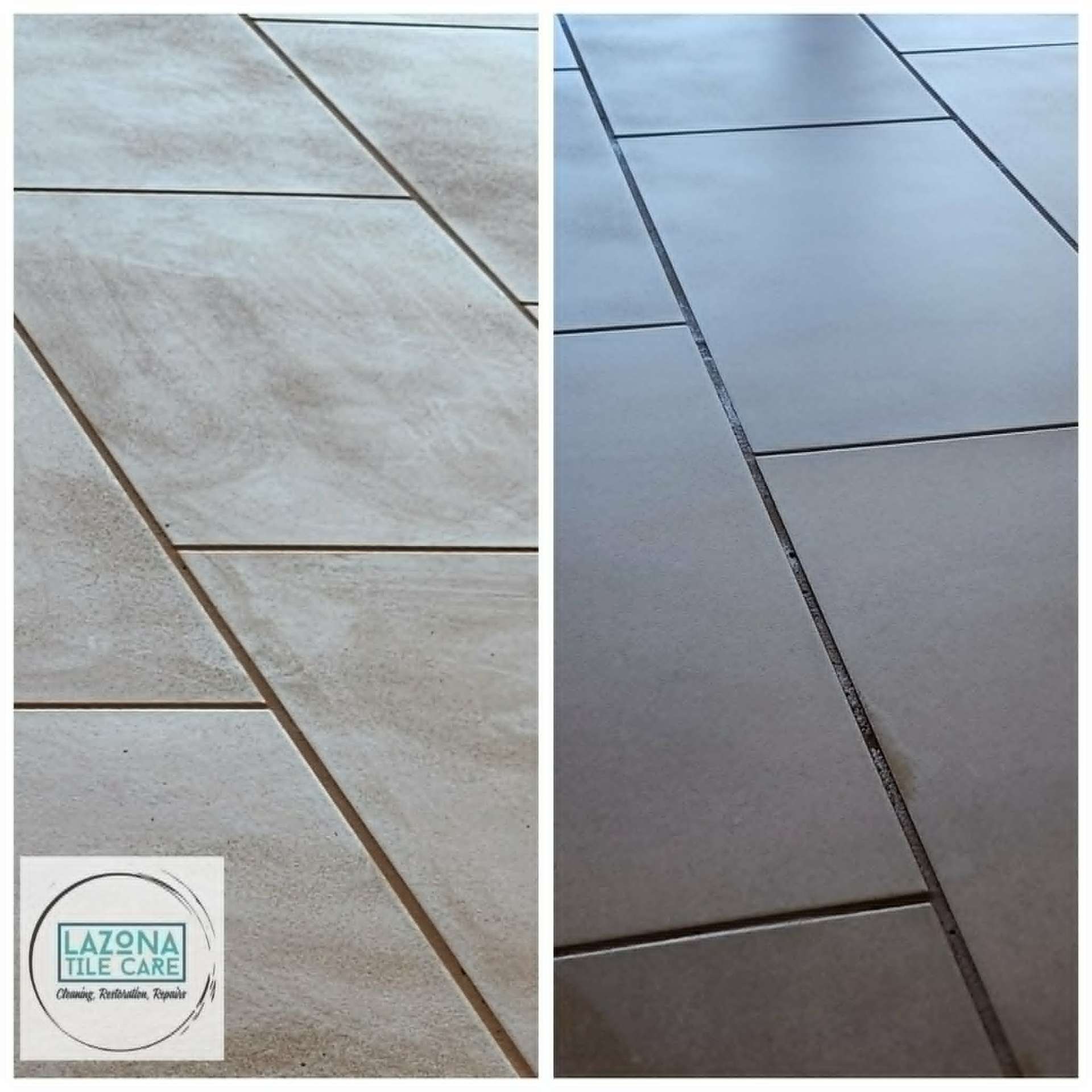 Before and after comparison of porcelain tile floor showing hazy dirty grout on the left and clean uniform sealed grout on the right after Lazona Tile Care restoration in Arizona