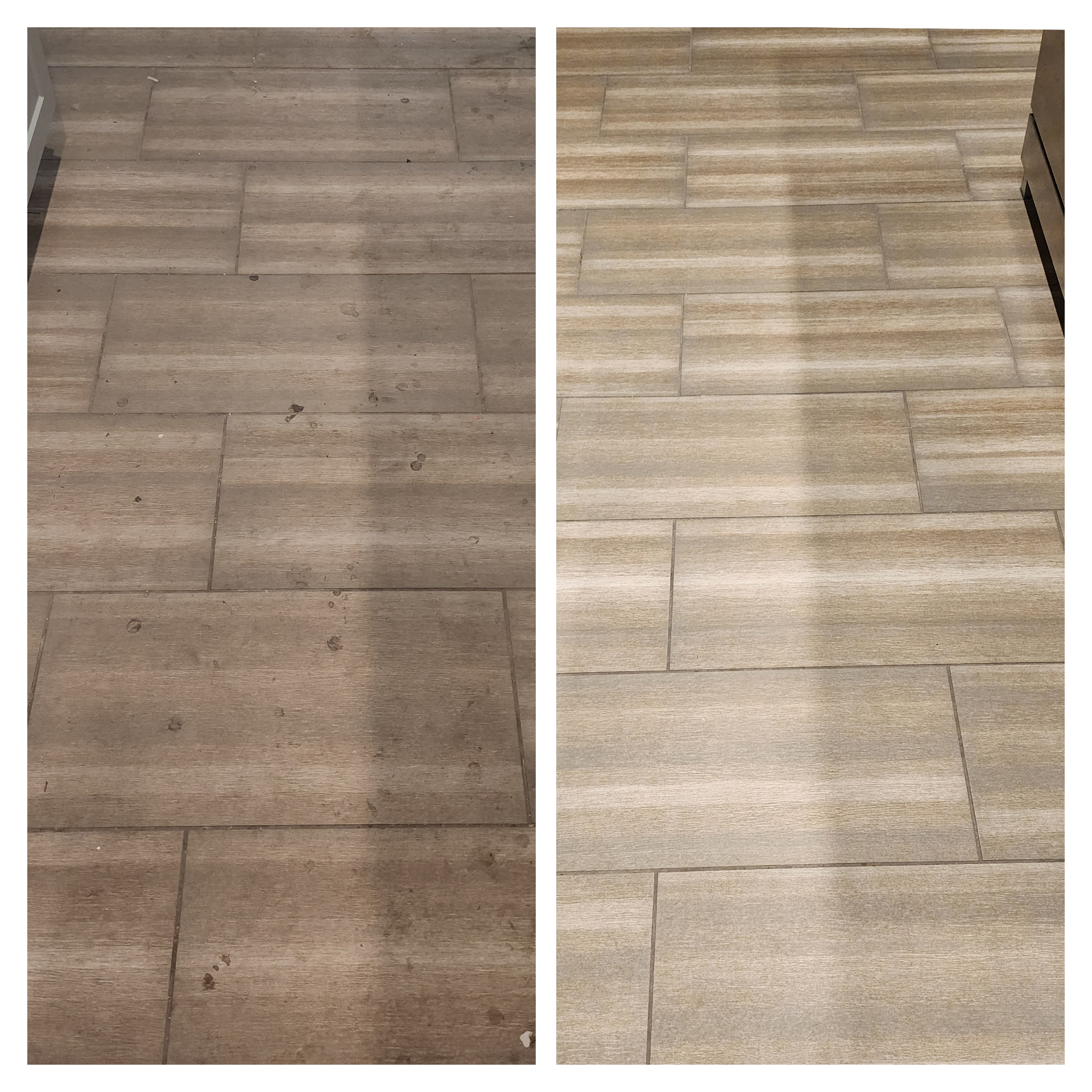 Large-format porcelain floor tile in a new construction Gilbert Arizona home with grout joints freshly restored and color sealed showing crisp uniform pigment and a clean tile surface after Lazona Tile Care repair of powdery failed grout