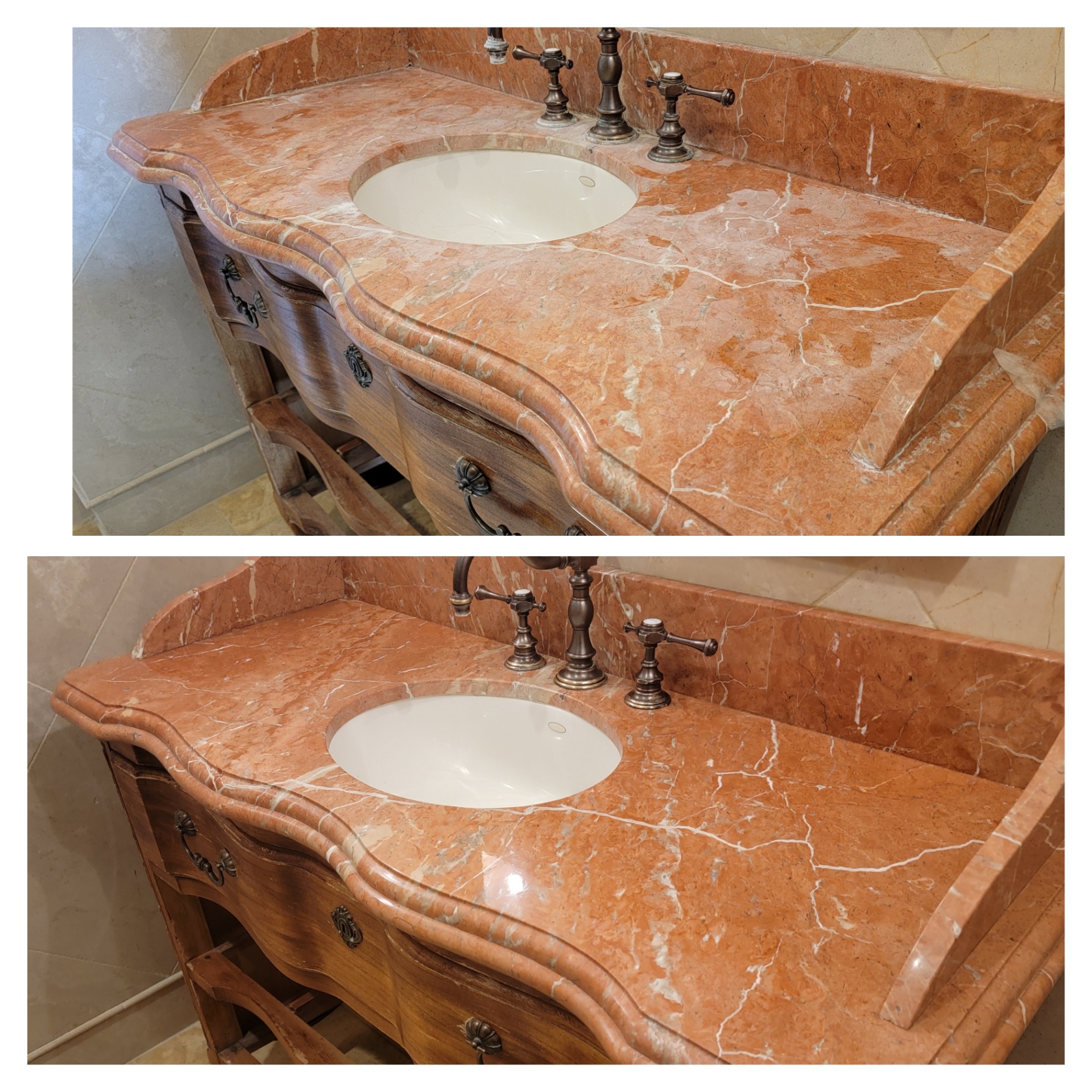 Bathroom marble vanity with etching and water damage before restoration