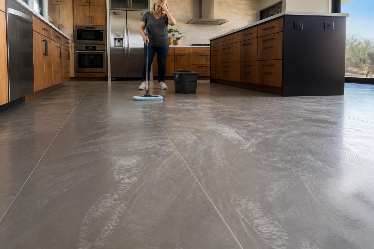 Streaky matte porcelain floor in an Arizona kitchen with visible mop marks and a frustrated homeowner
