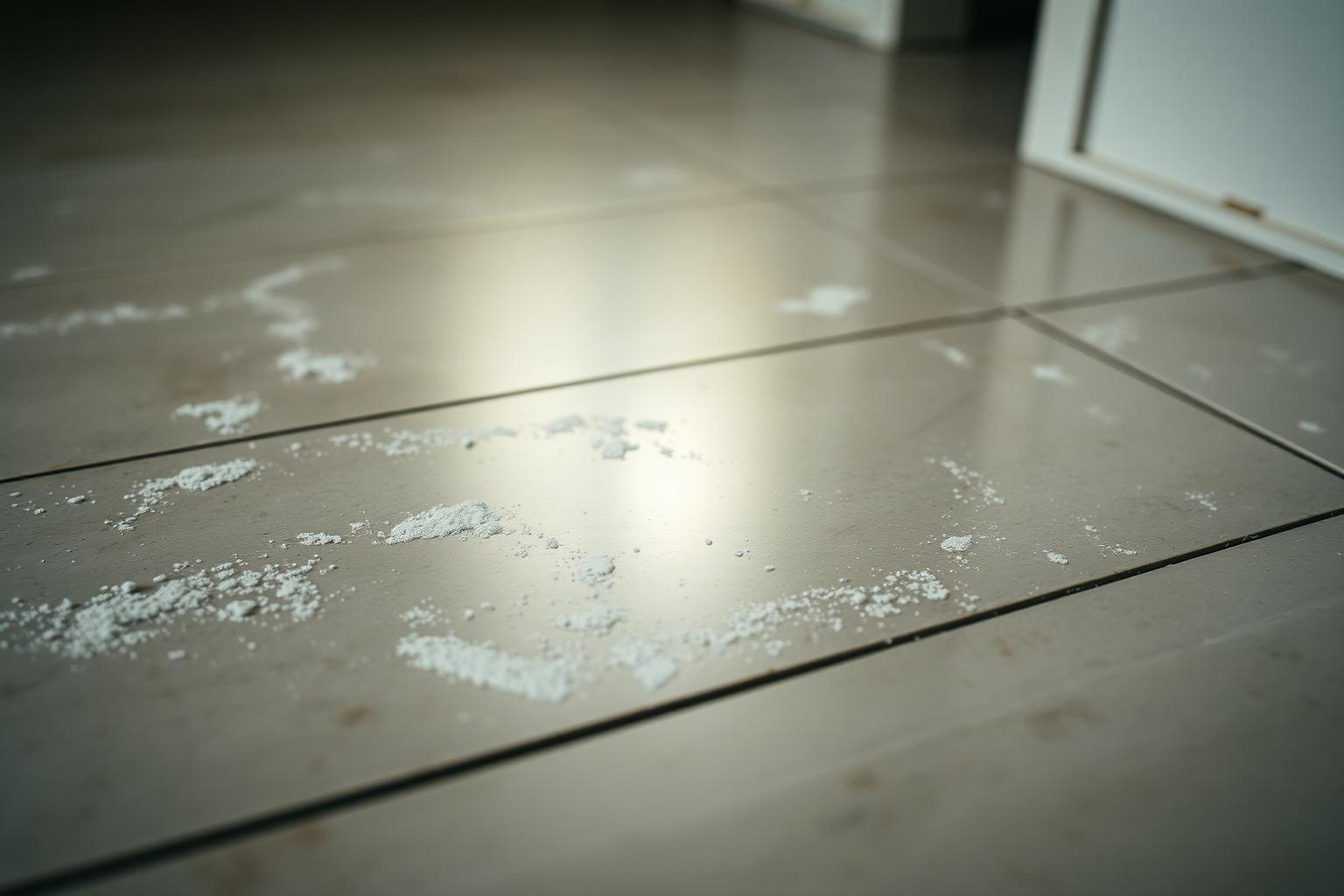 New Arizona home tile floor showing chalky powdery grout haze residue and blotchy dull patches across porcelain tile