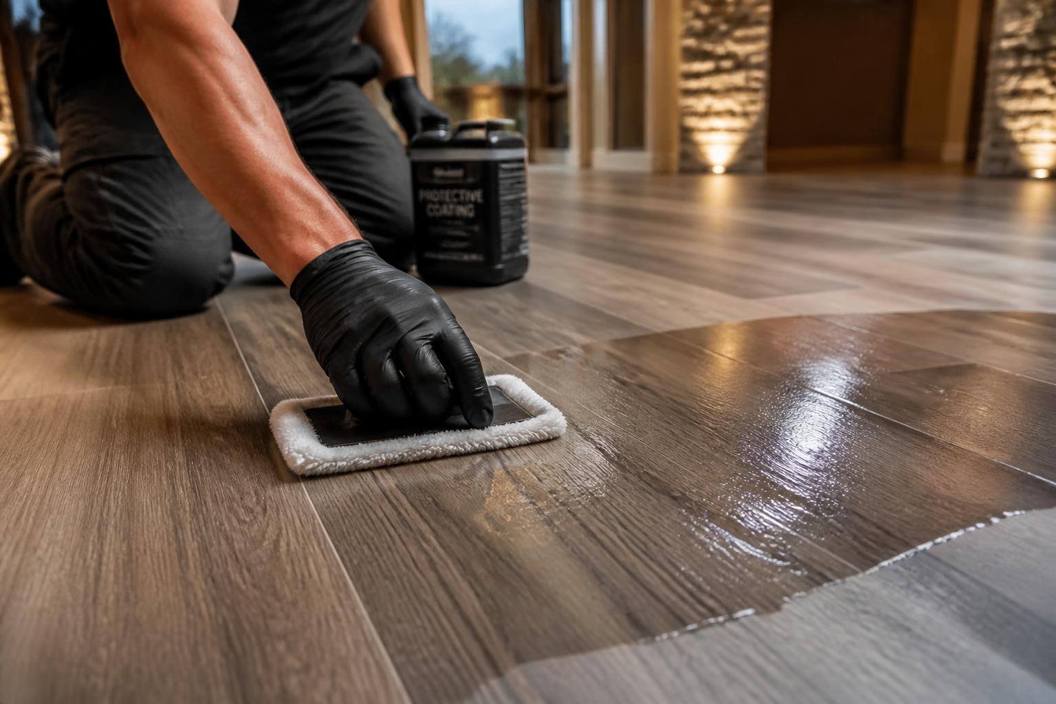 Professional applying a protective coating to luxury vinyl plank flooring in an Arizona home