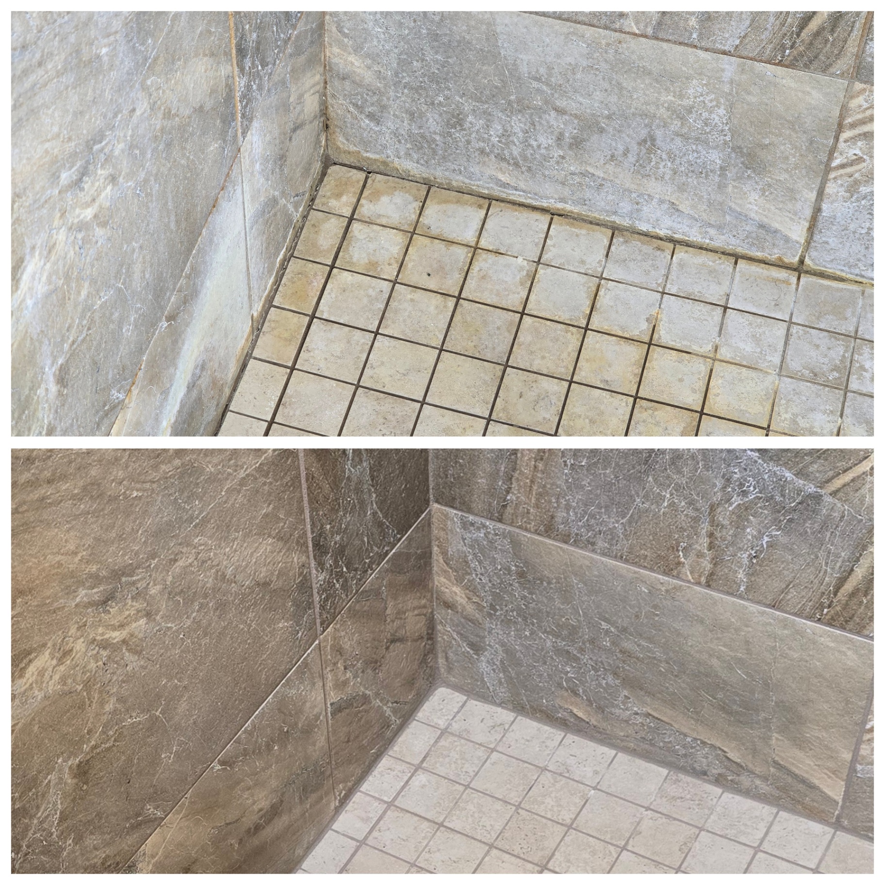 Comparison of a deteriorated Arizona shower corner with crumbling grout and stained mosaic tile next to the same corner after professional grout repair stone sealing and deep tile cleaning