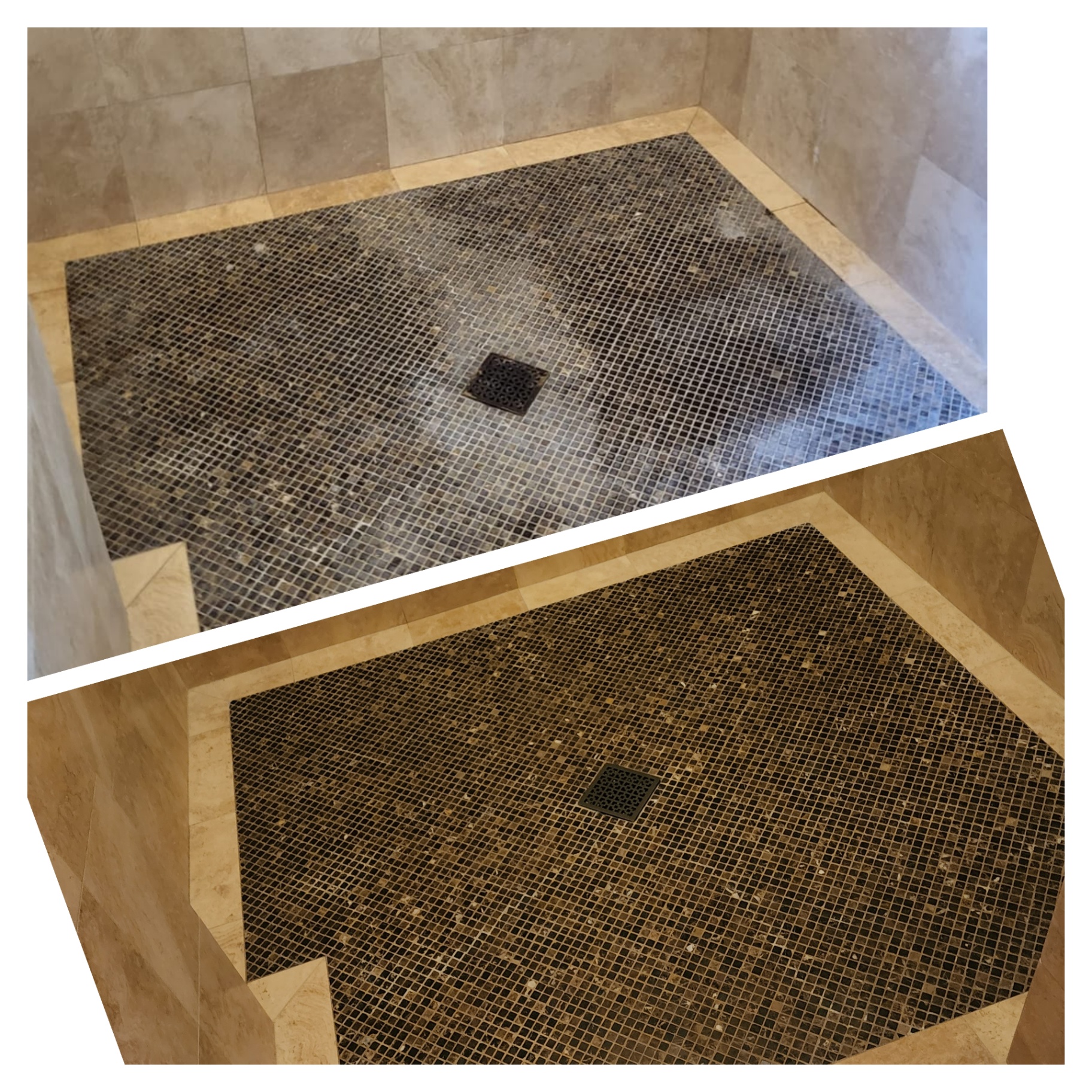 Before and after shower floor mosaic tile restoration showing slip-resistant treatment