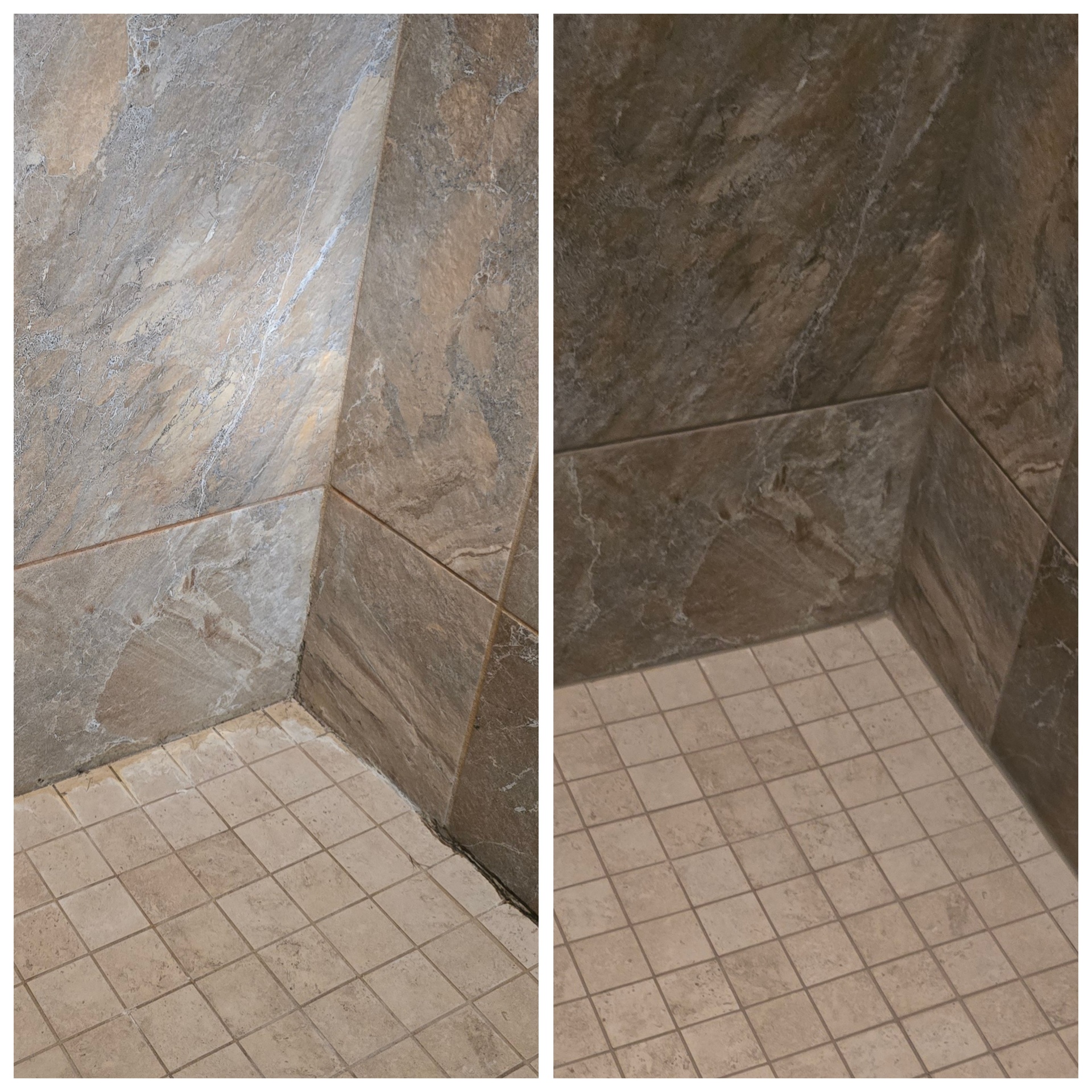 Before and after photo of an Arizona stone shower floor corner showing dark eroded grout and hazy stone tile transformed into clean uniform grout lines and a bright sealed stone corner after professional restoration