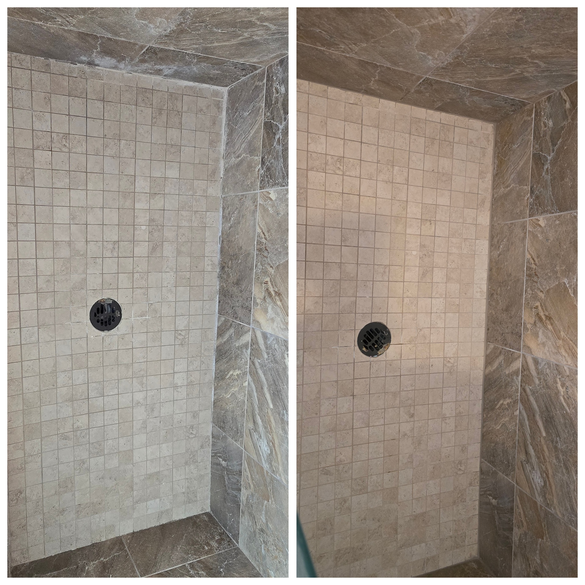 Side by side comparison of a poorly maintained Arizona shower with hazy mosaic tile and corroded drain next to the same shower after professional restoration showing clean tile sealed grout and a bright drain