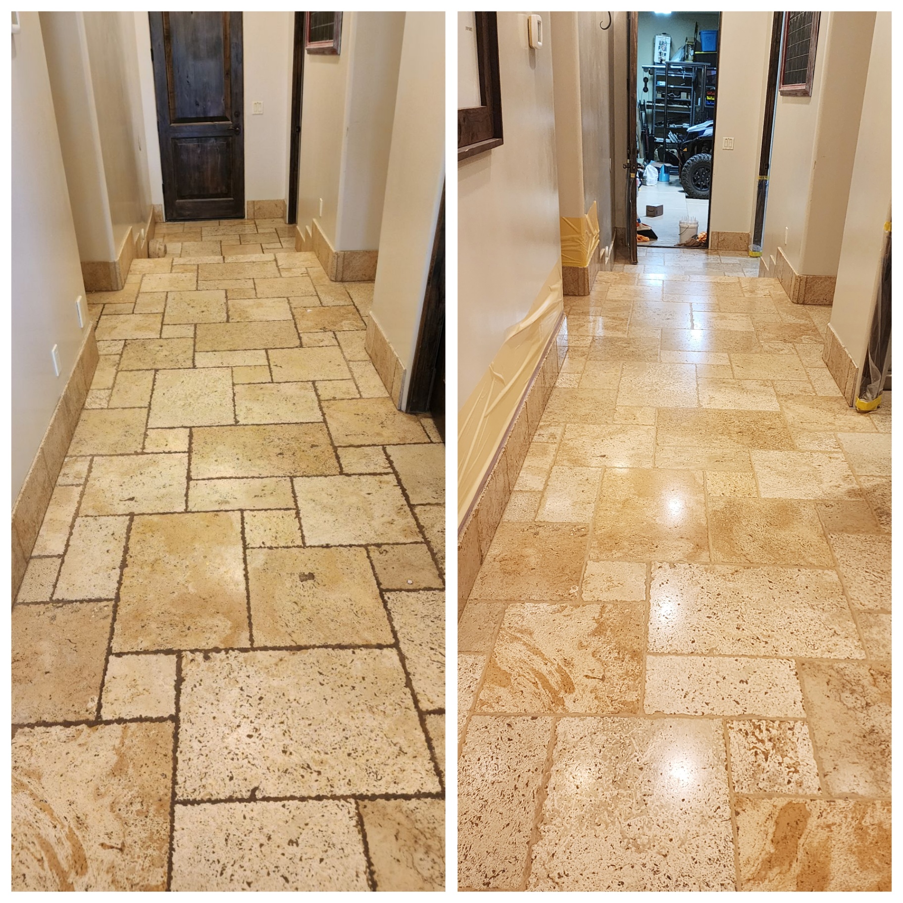 Restored travertine hallway in a Gilbert Arizona home showing honed and polished finish